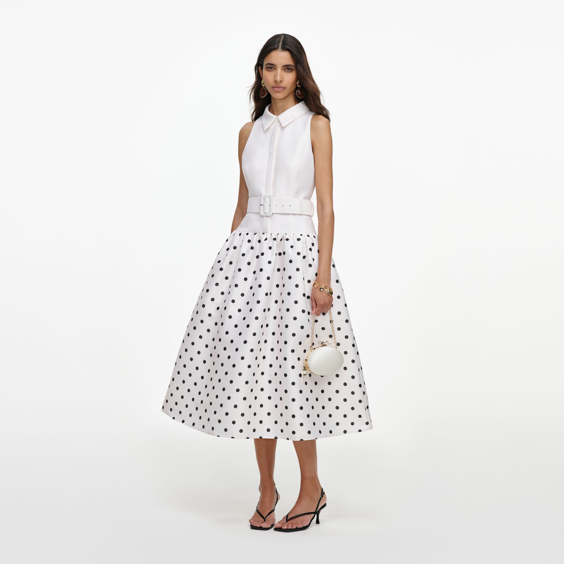 Off White Sleeveless Polka Dot Midi Dress
