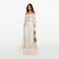 Cream Floral Organza Ruffle Maxi Dress