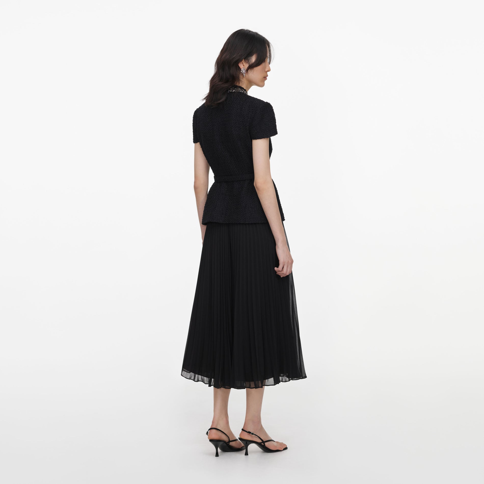 Black Boucle Crystal Trim Chiffon Midi Dress