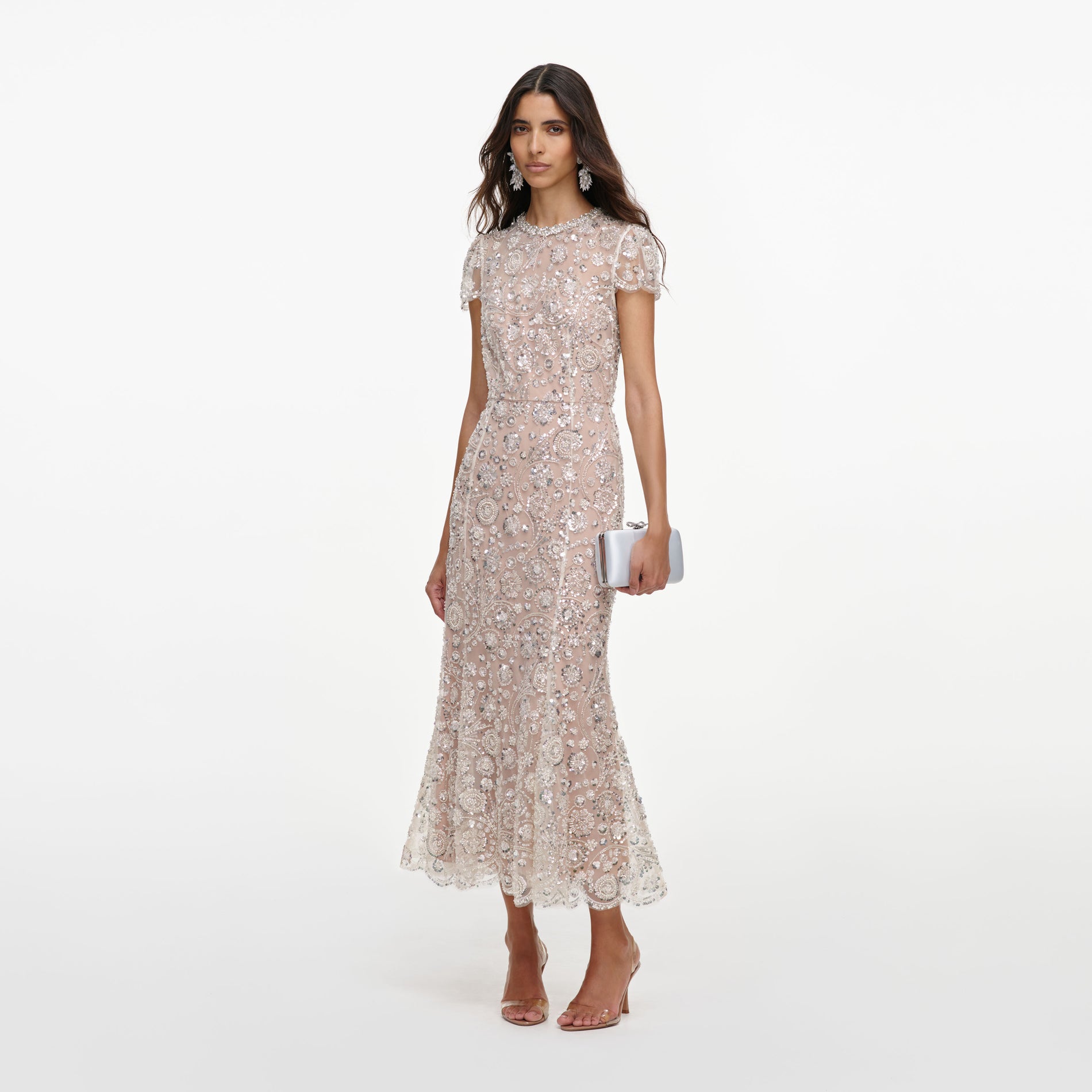Cream Sequin Embellished Midi Dress