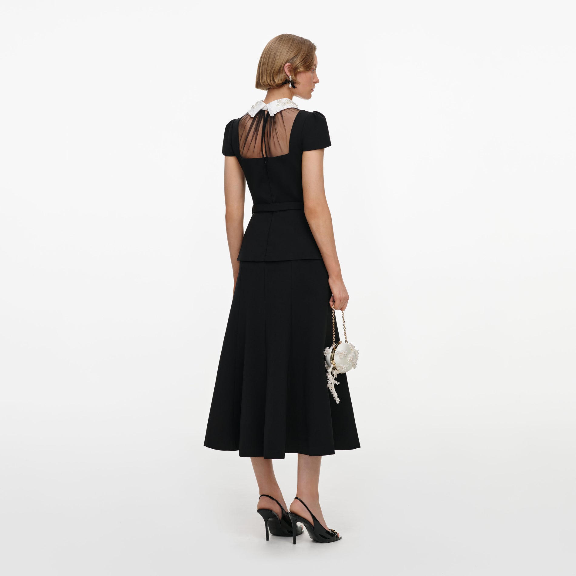 Black Crepe Bow Peplum Midi Dress