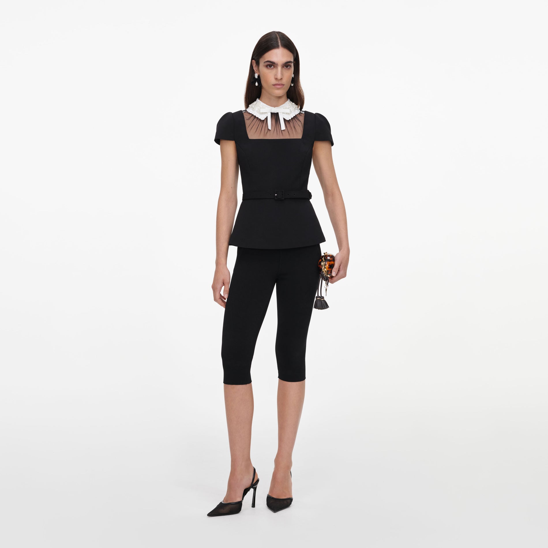 Black Crepe Bow Collar Top