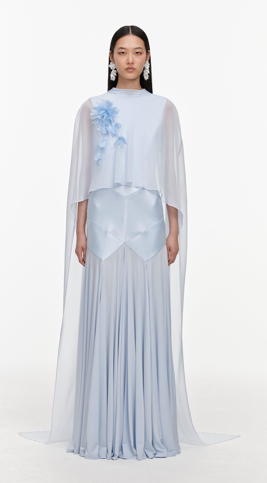 Blue Satin Jersey Cape Maxi Dress