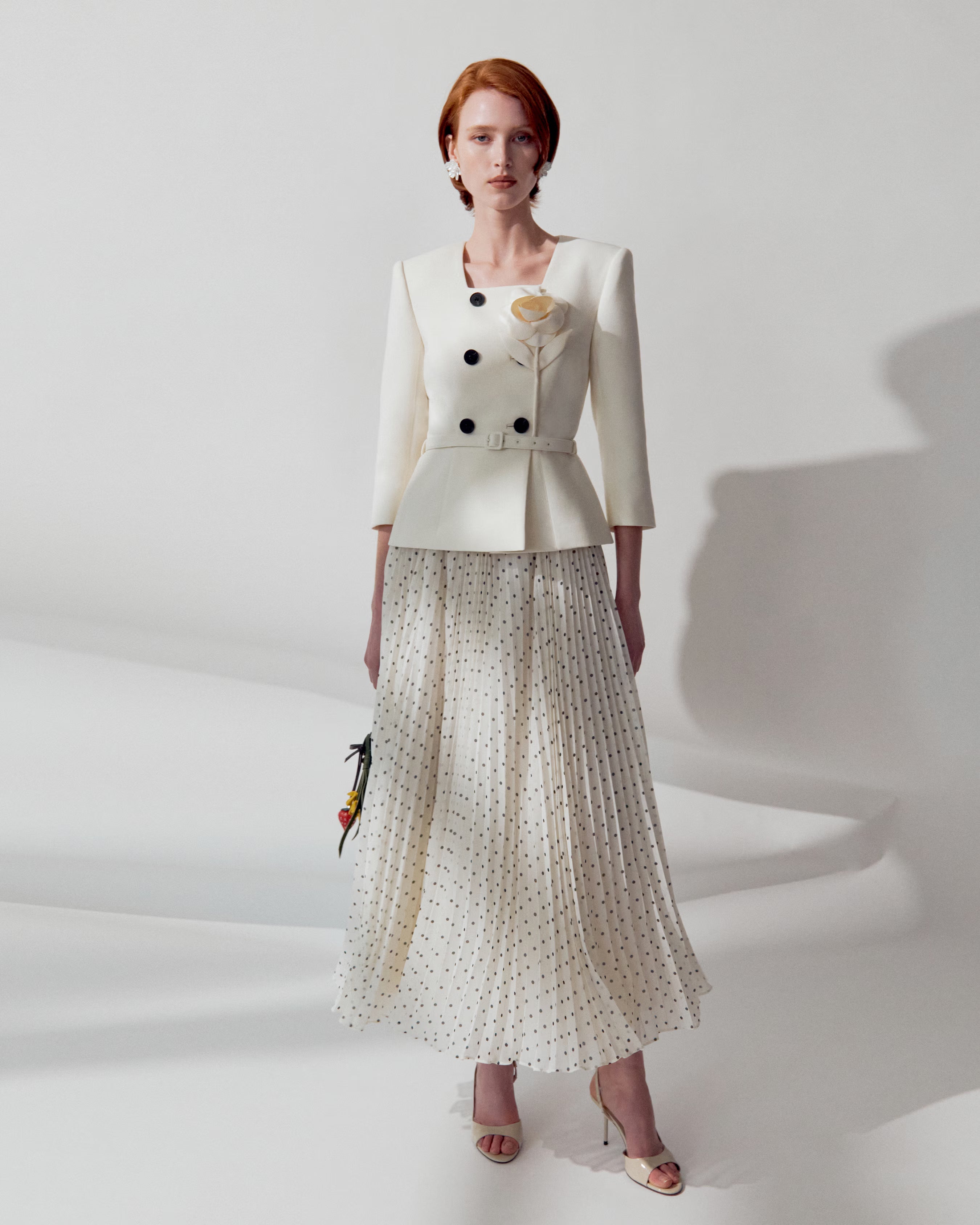 Cream 3D Flower Polka Dot Chiffon Midi Dress