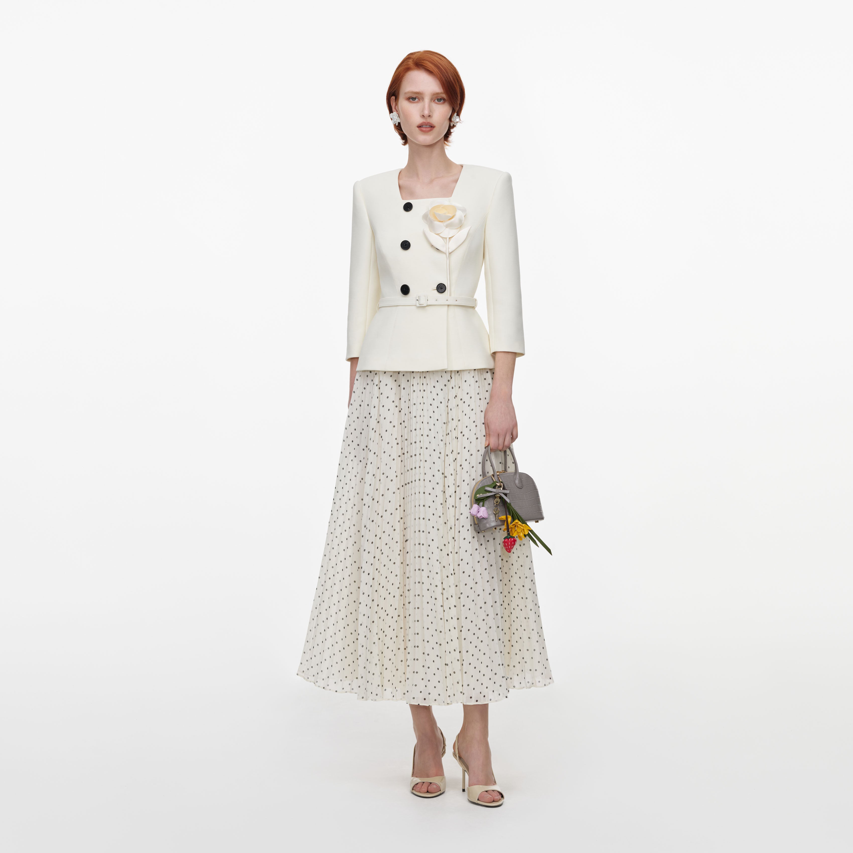 self portrait polka dot chiffon midi dress SELF-PORTRAIT Polka-Dot Pleated Chiffon Midi Dress