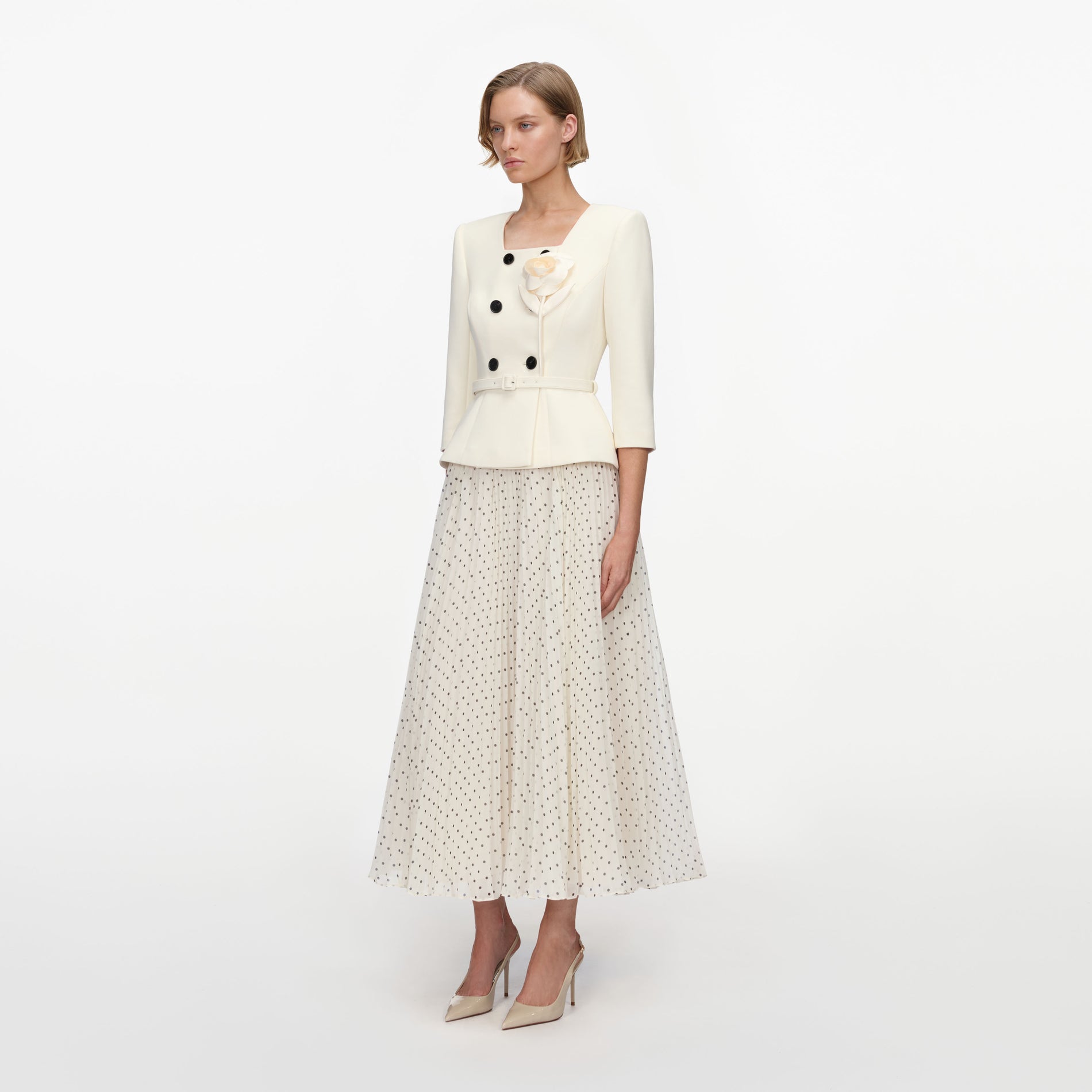 Cream 3D Flower Polka Dot Chiffon Midi Dress