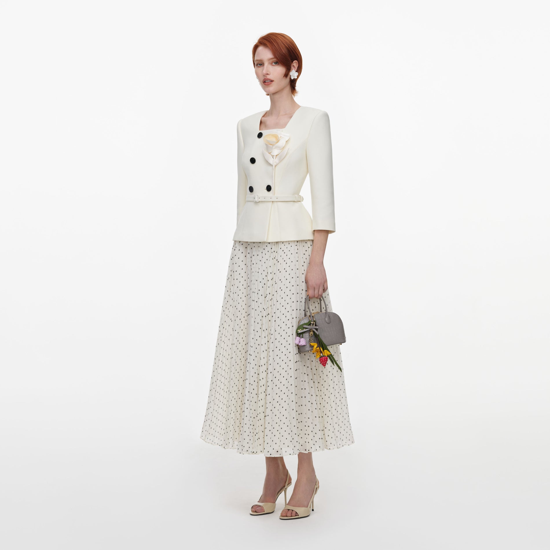 Cream 3D Flower Polka Dot Chiffon Midi Dress