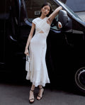 White Knit Lace Insert Midi Dress