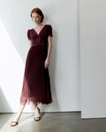Burgundy Viscose Pleated Lace Midi Dress