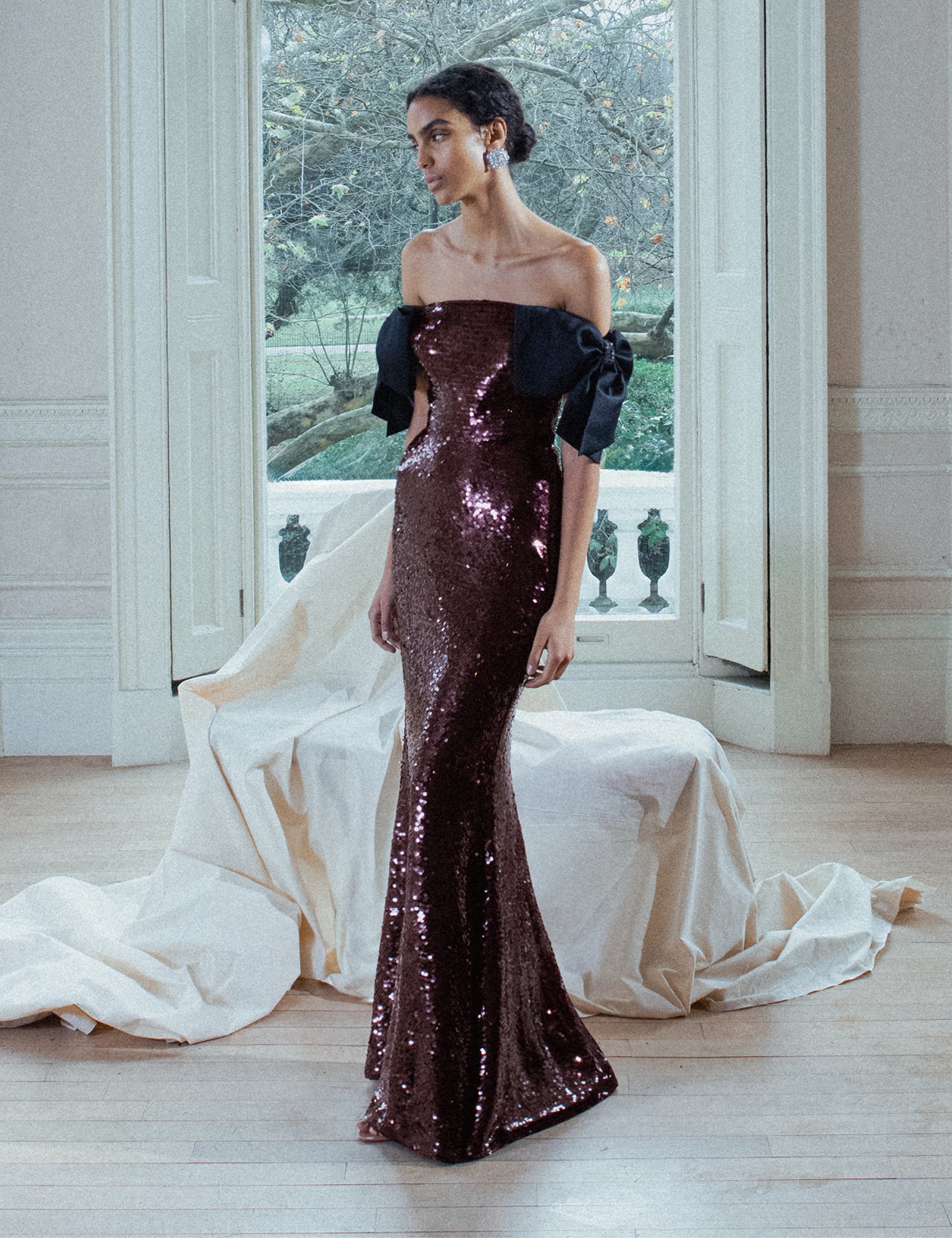 Brown Sequin Bow Maxi Dress