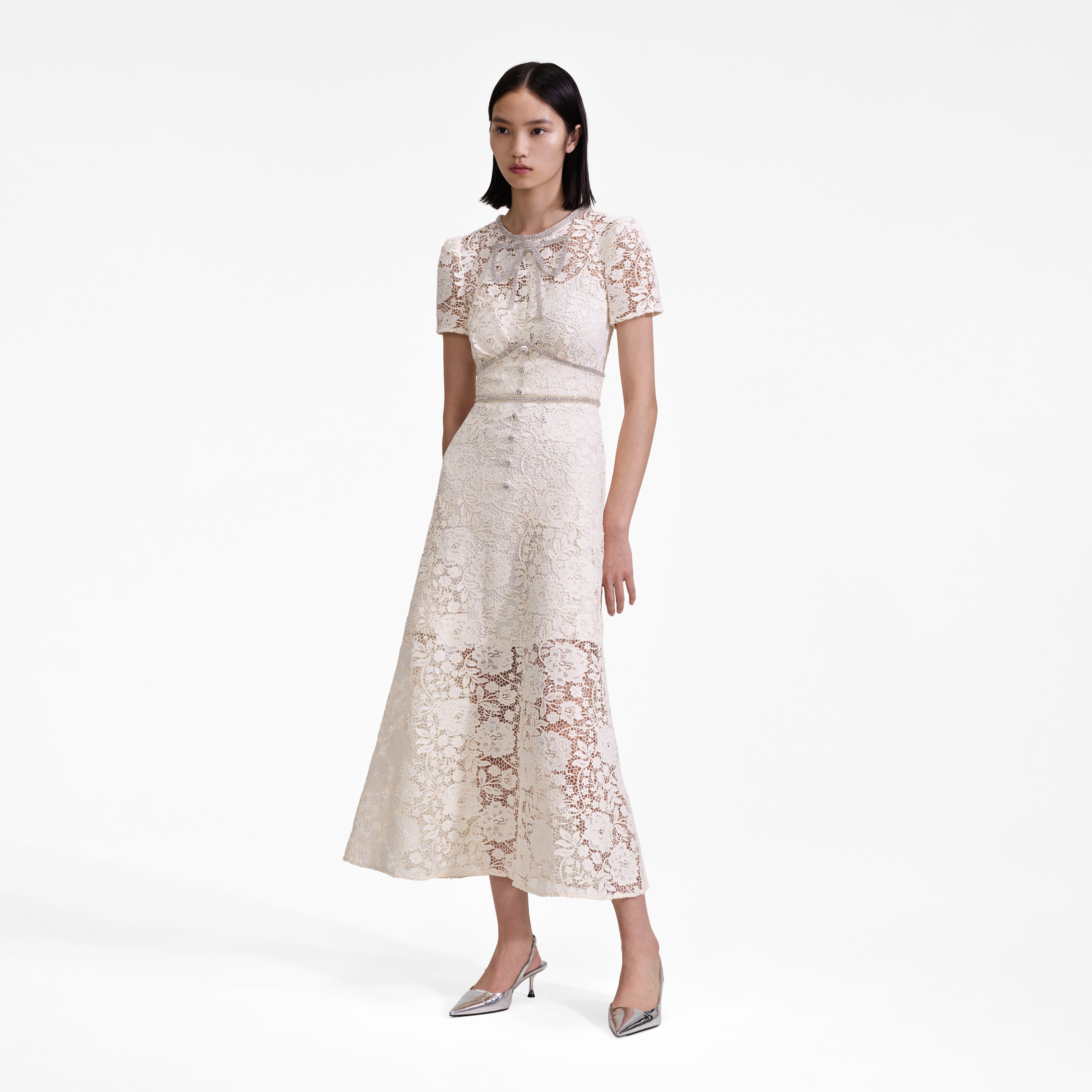 Cream Cord Lace Bow Midi Dress