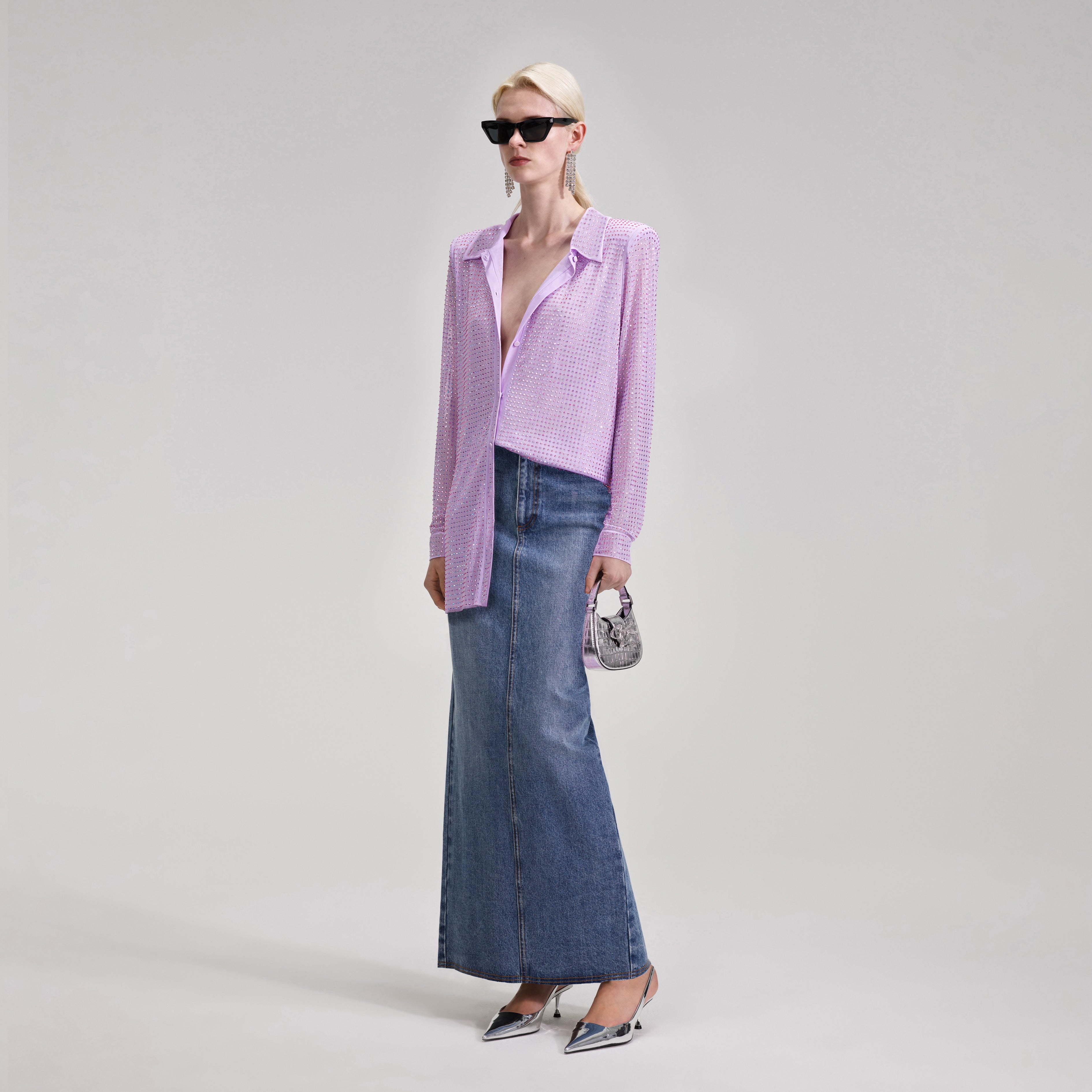 Lilac Rhinestone Mesh Shirt