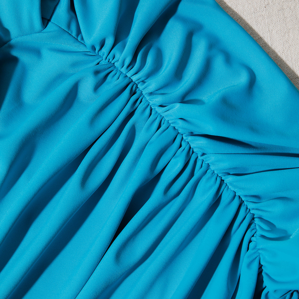 A close up of the fabric for the Blue Jersey Ruched Top