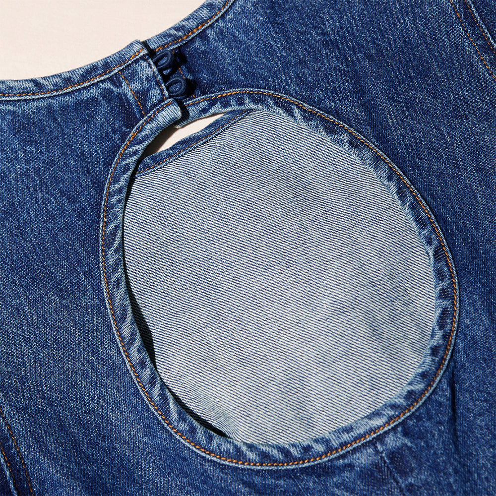 레이스 턱받이 데님 미니 드레스