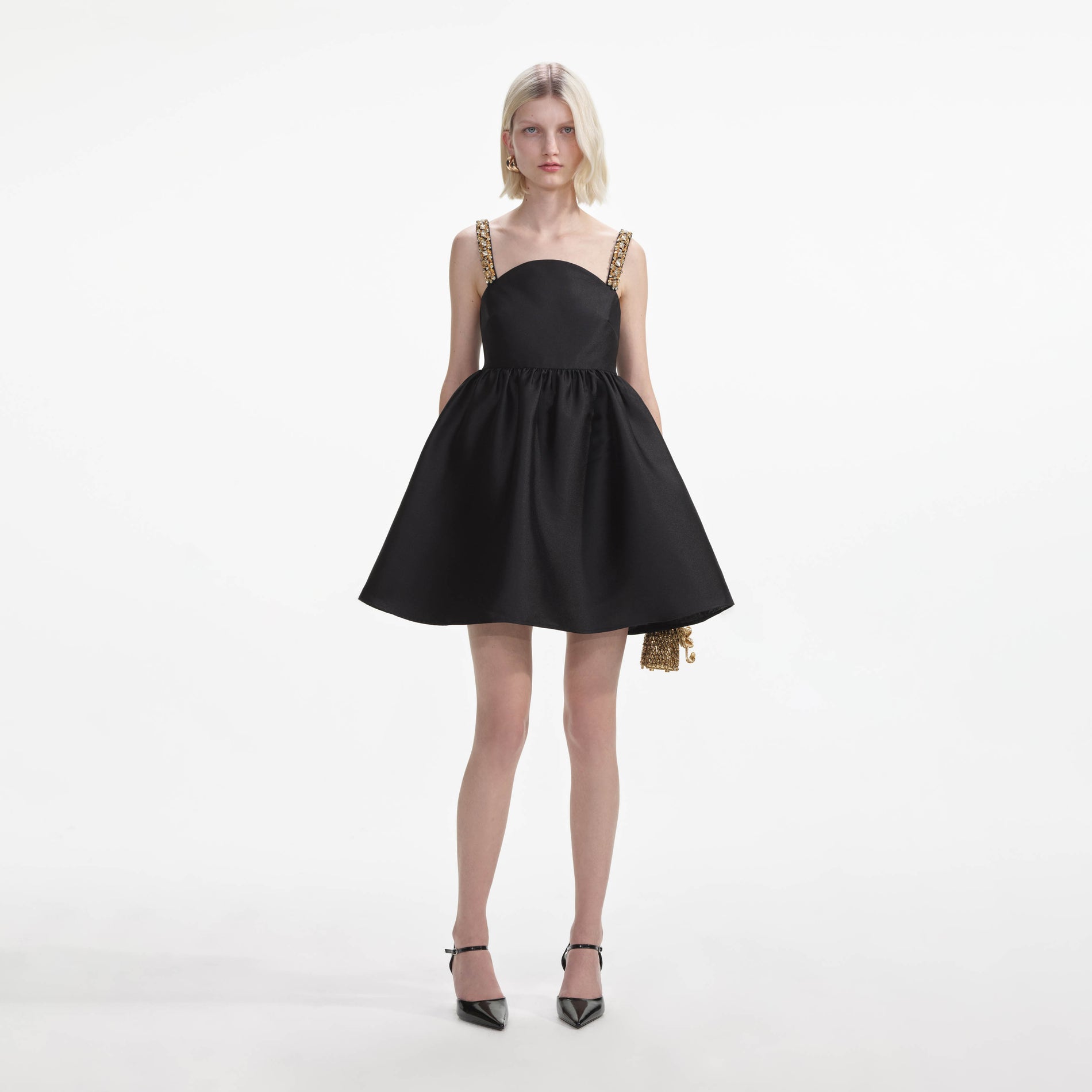 Front view of a woman wearing the Black Taffeta Embellished Mini Dress