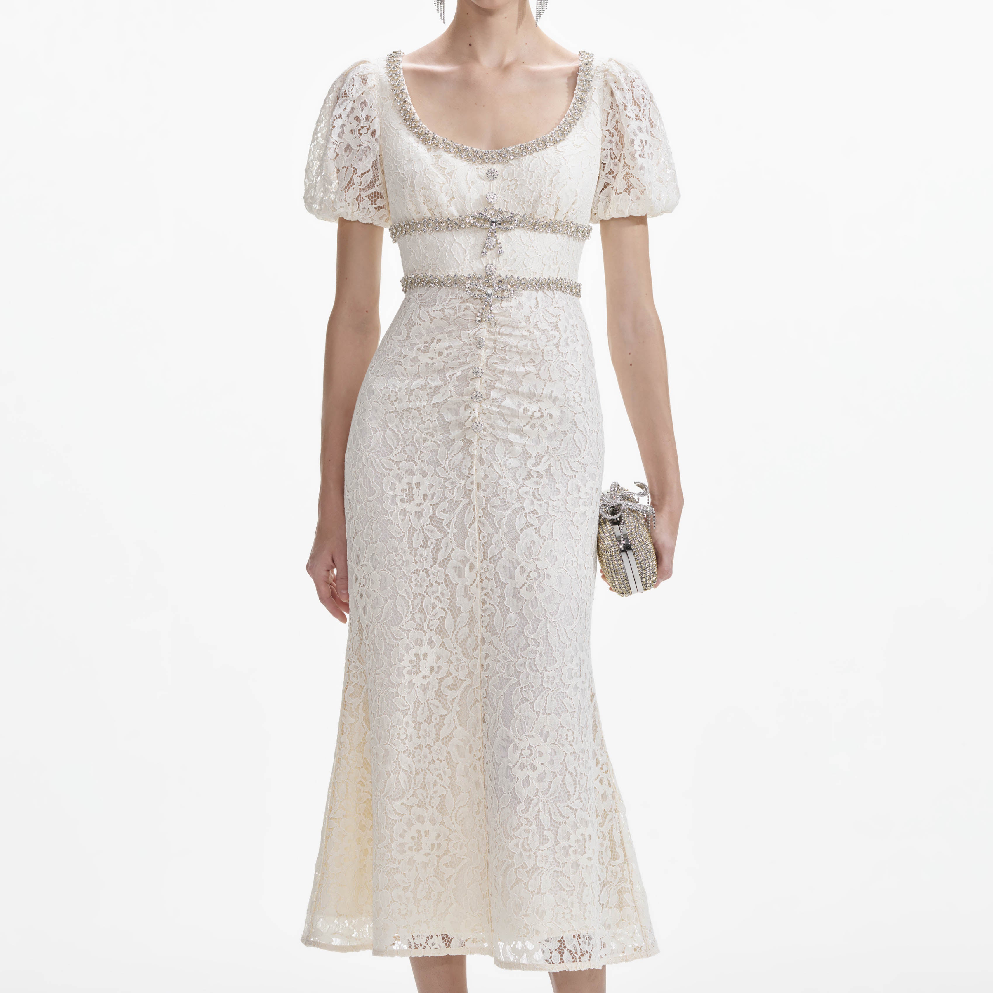Cream Lace Diamante Trim Midi Dress