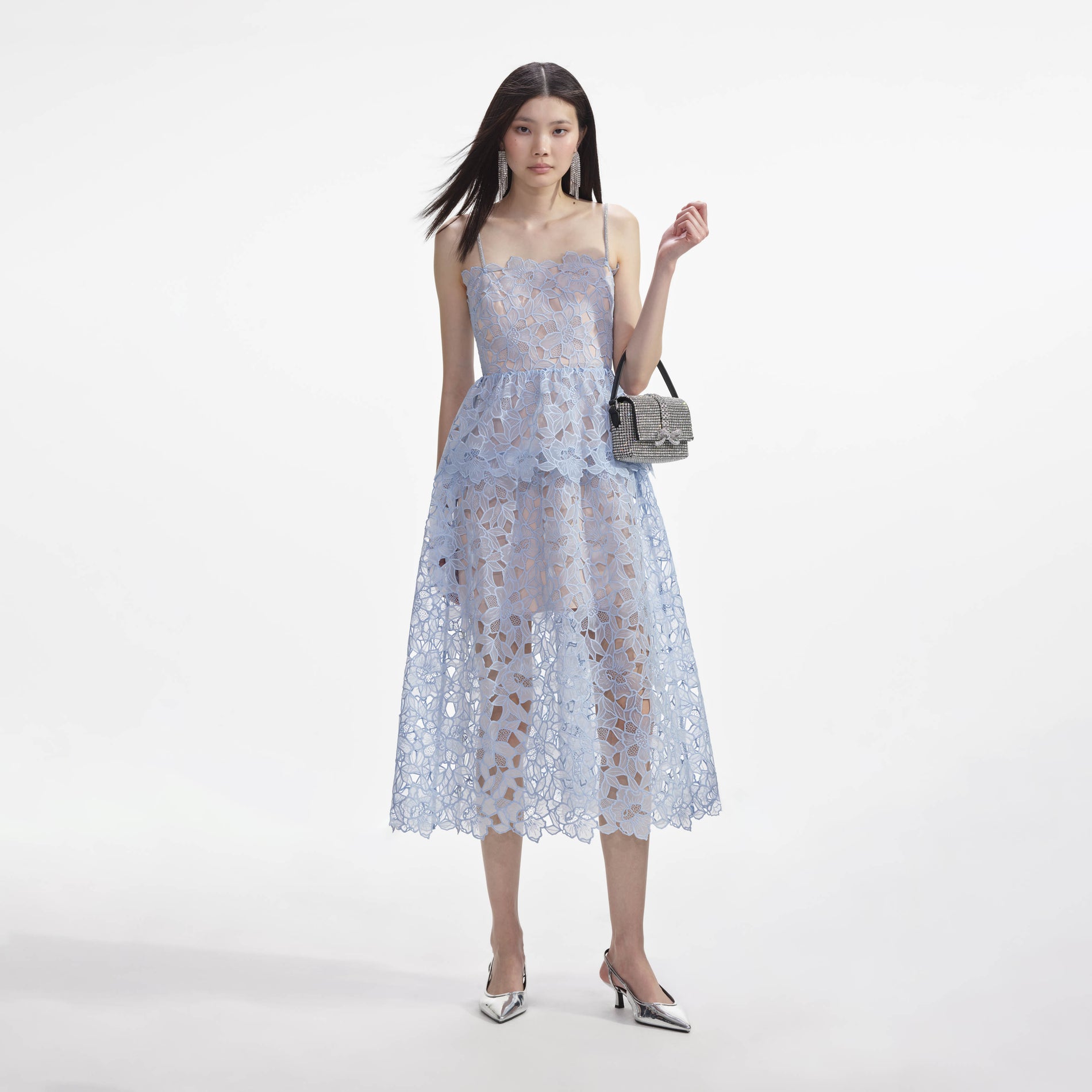 Front view of a woman wearing the Blue Organza Lace Midi Dress