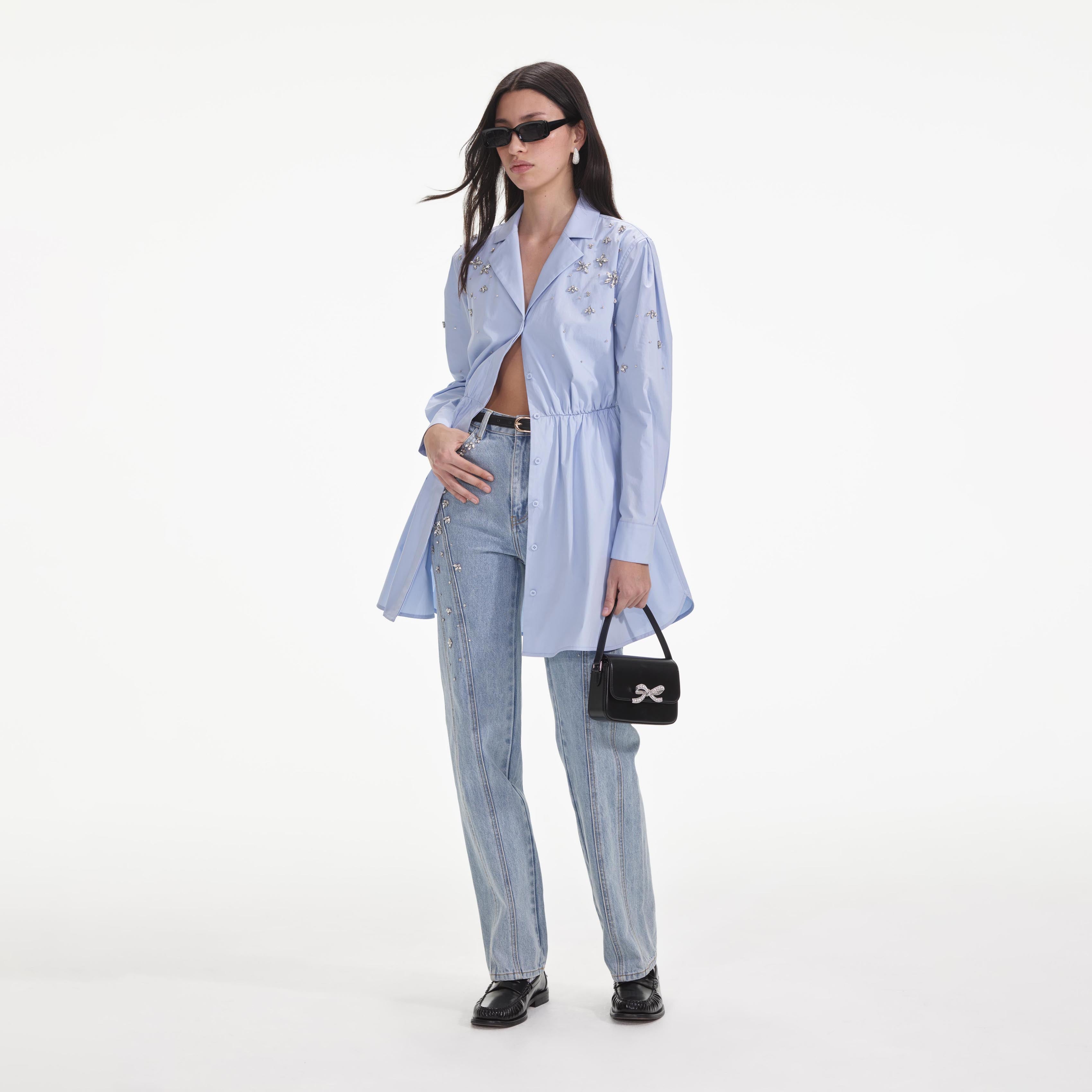 블루 코튼 장식 미니 드레스