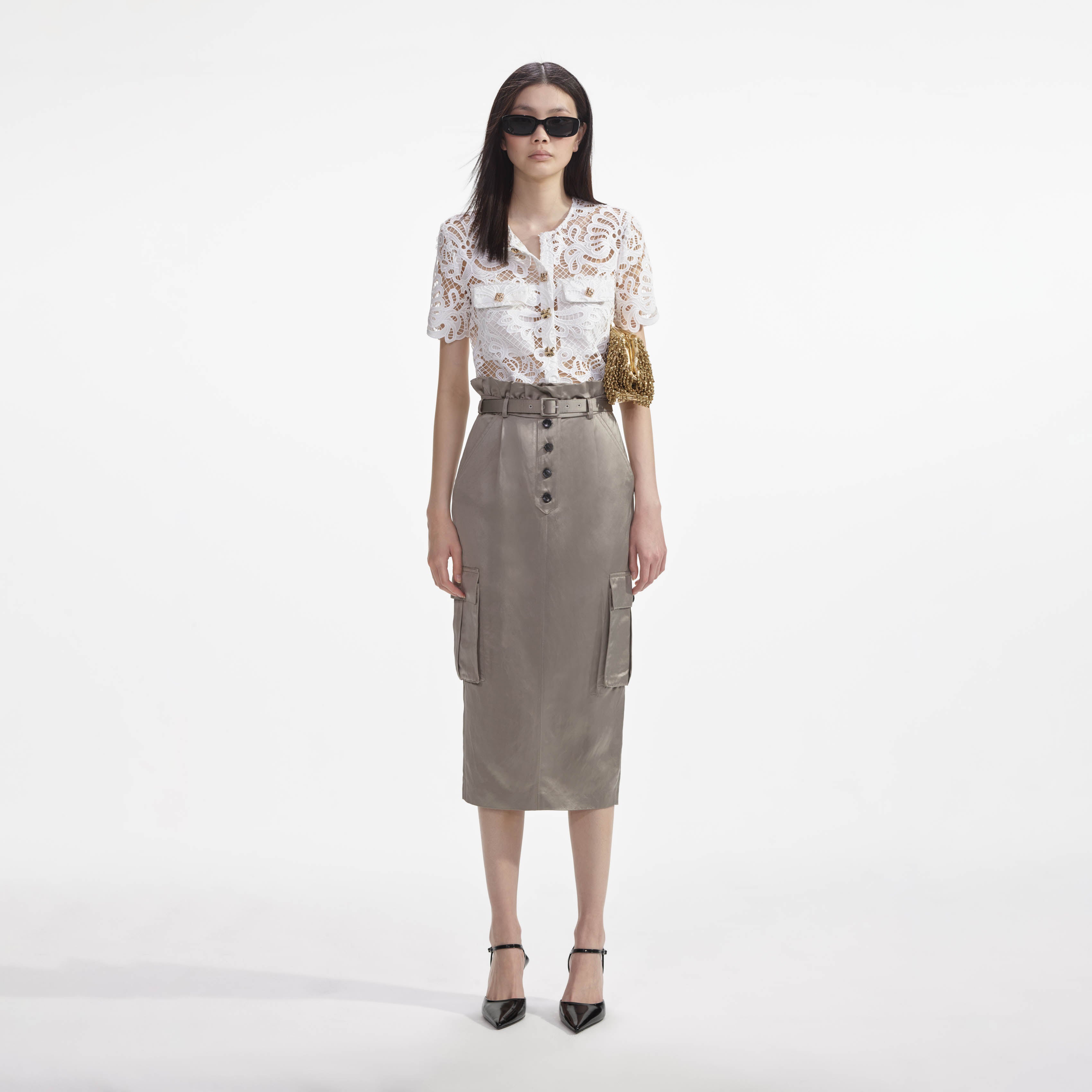 새틴 카고 미디 스커트