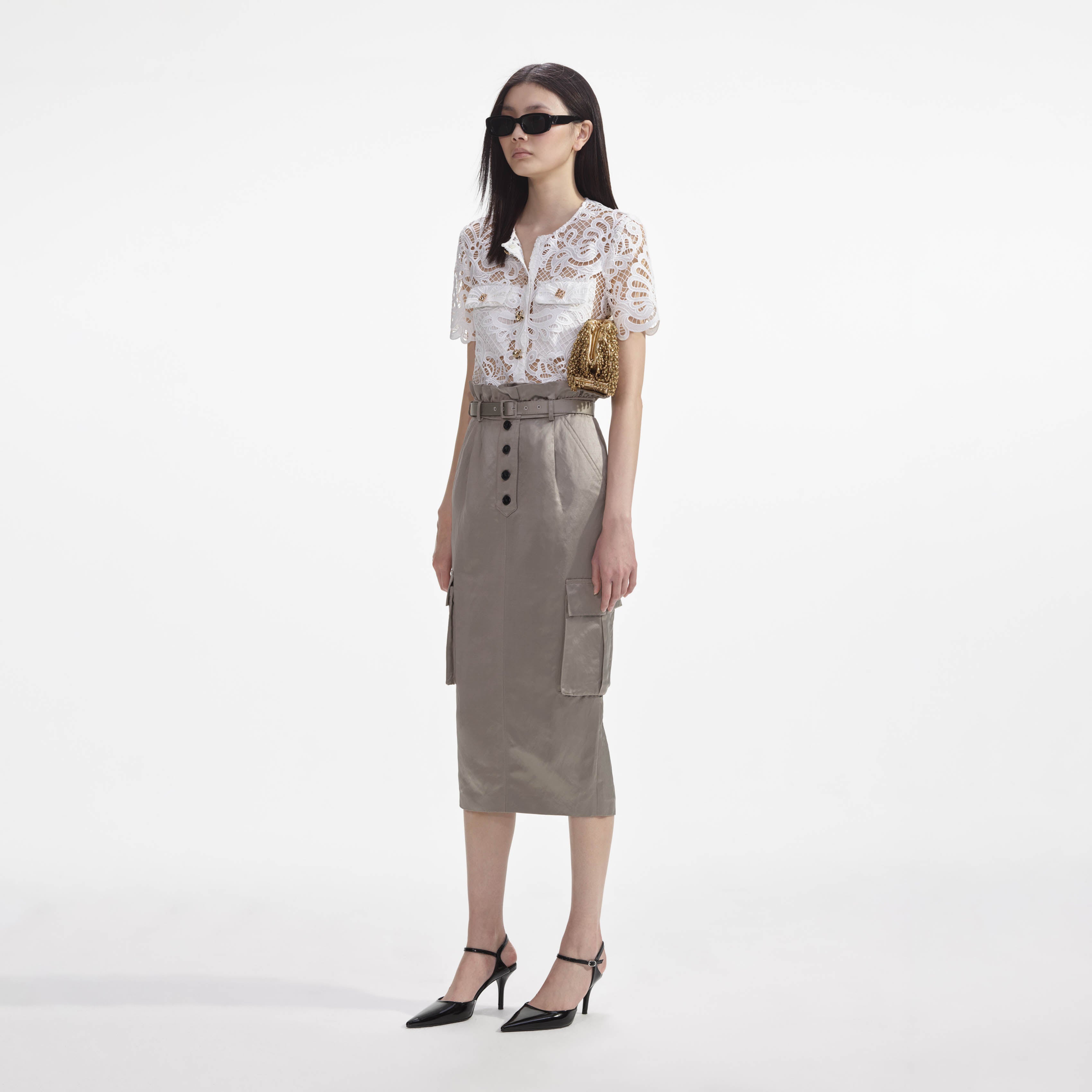 새틴 카고 미디 스커트