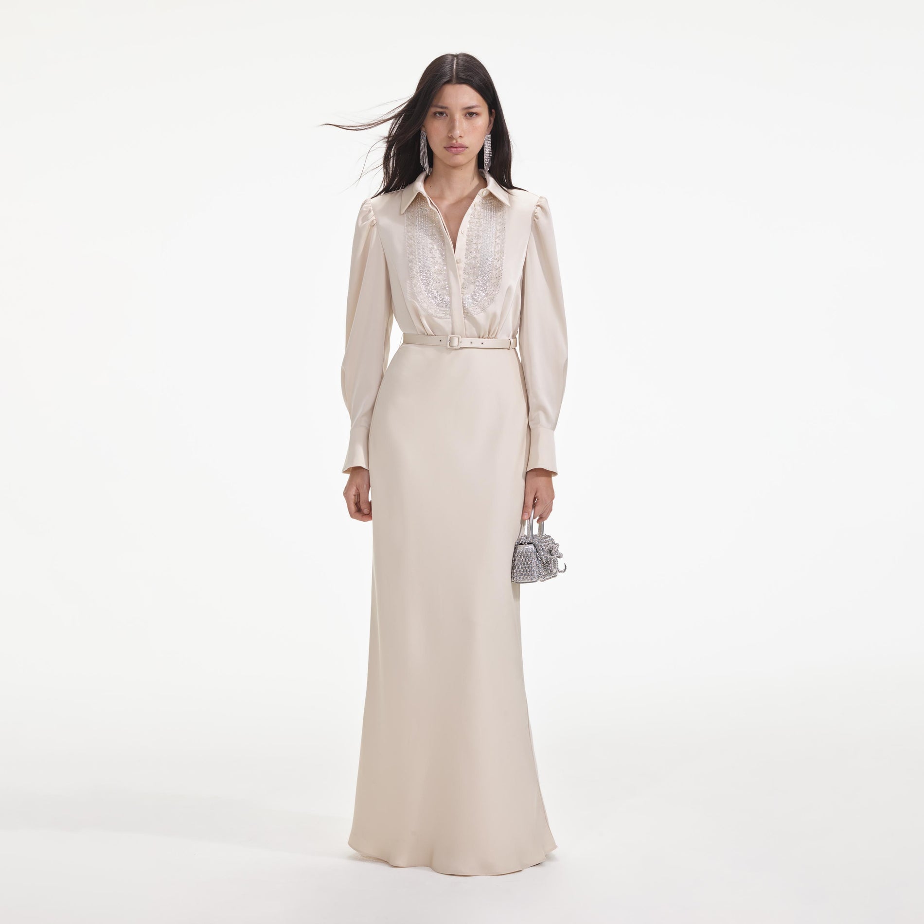 Front view of a woman wearing the Cream Satin Embellished Bib Maxi Dress