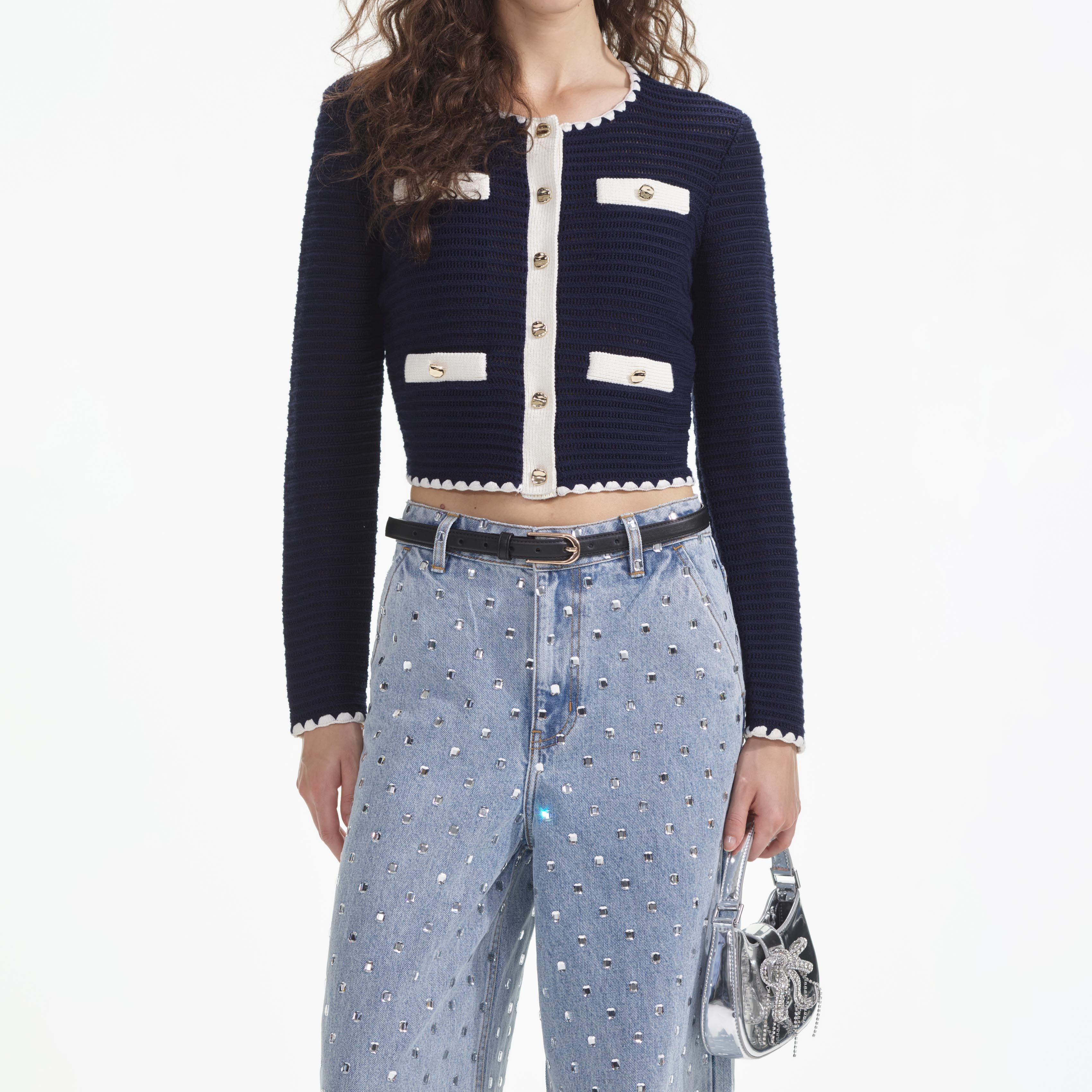 Navy Crochet Contrast Trim Cardigan