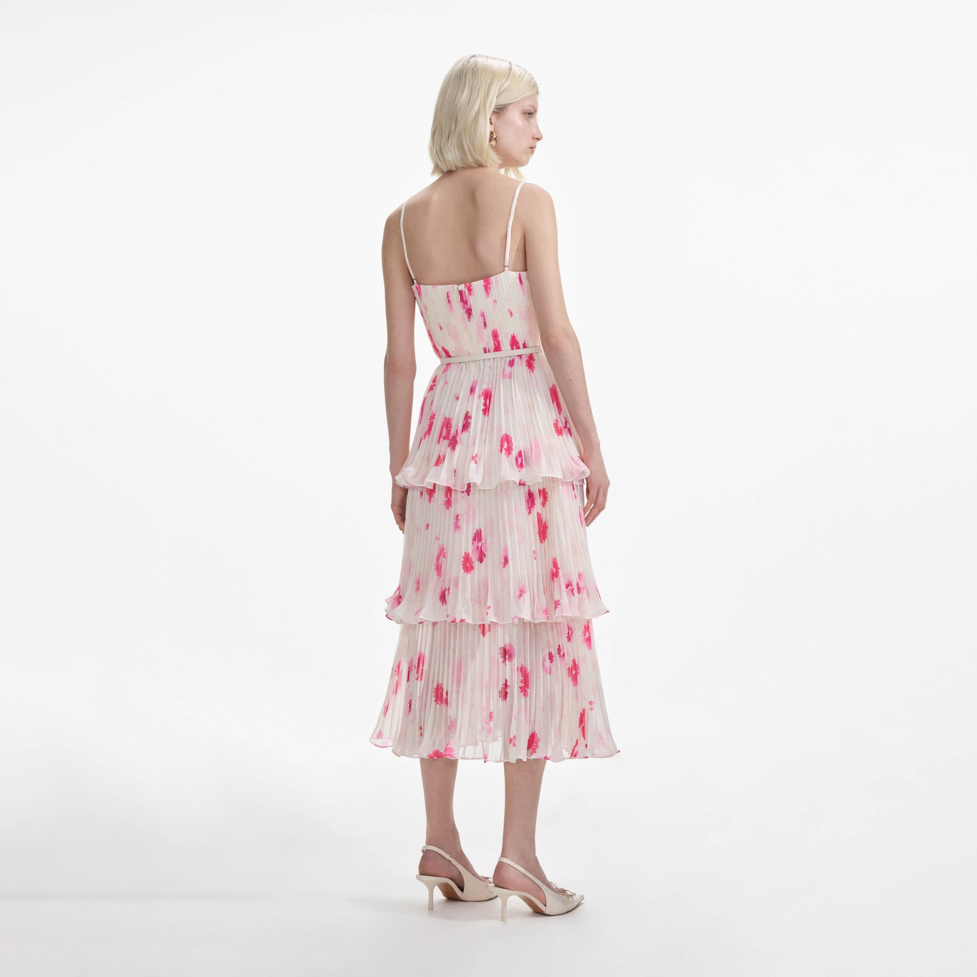 Back view of a woman wearing the Printed Chiffon Tiered Midi Dress