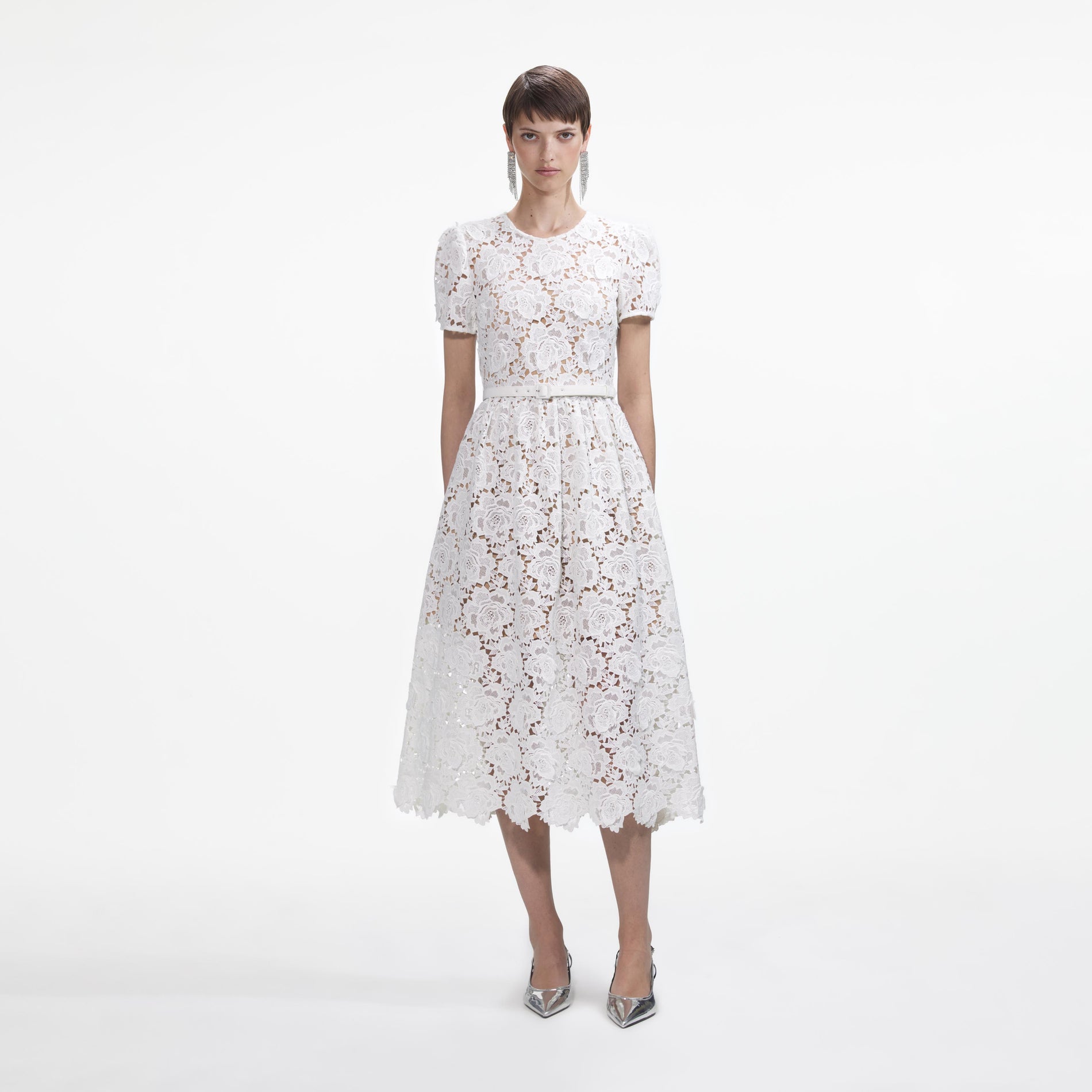 White Floral Lace Midi Dress