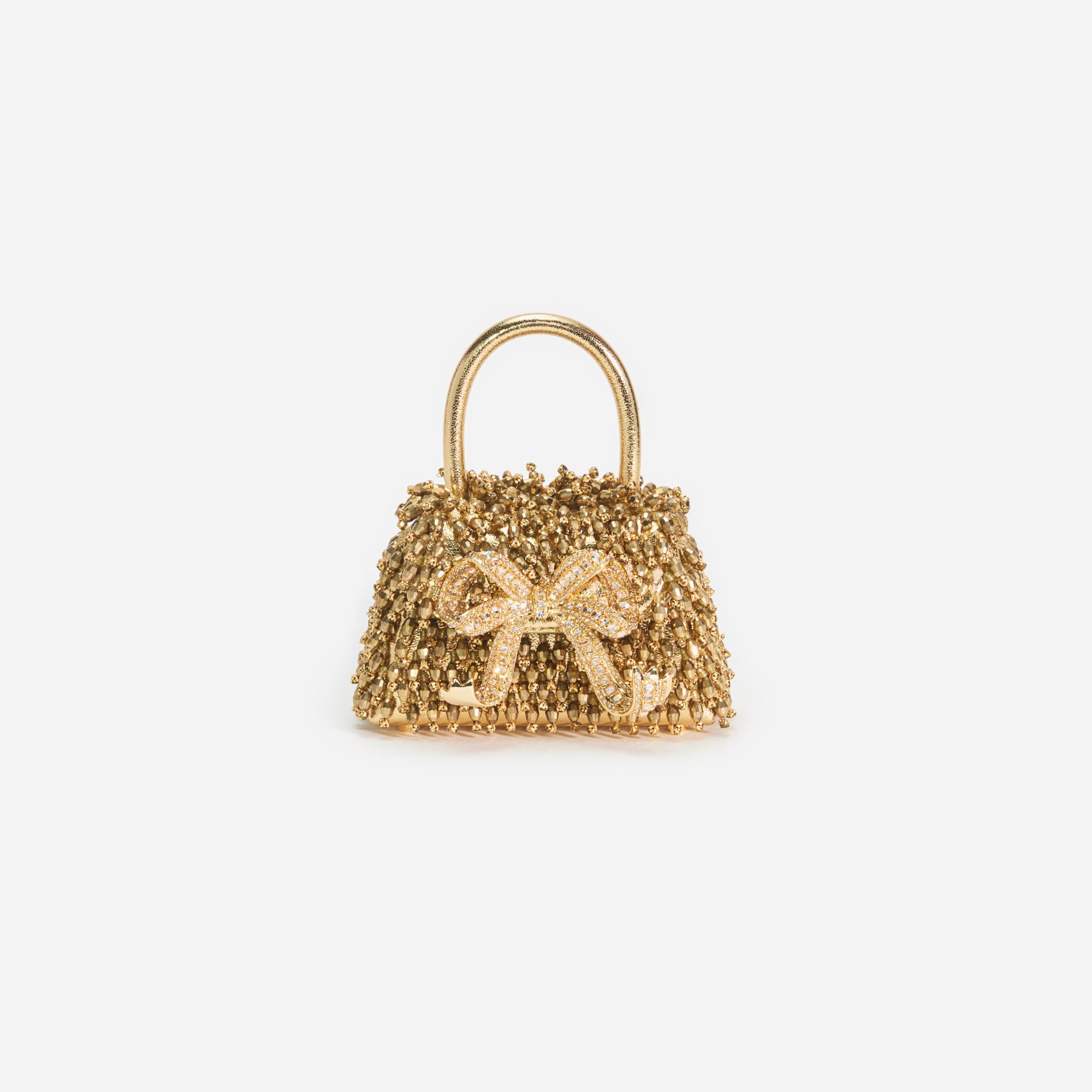 Front view of a woman wearing the Gold Crystal Embroidery Micro Bag