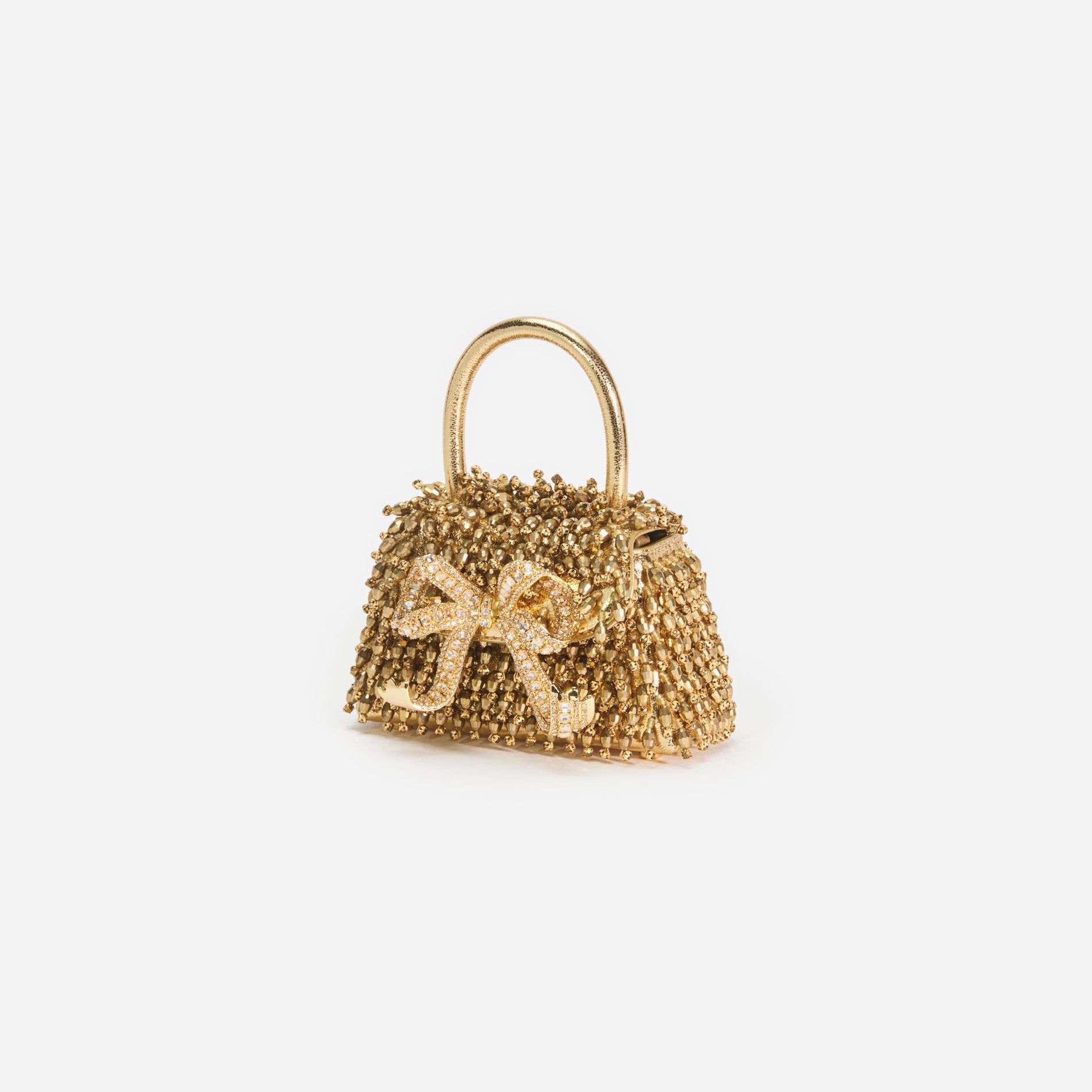 Side view of a woman wearing the Gold Crystal Embroidery Micro Bag