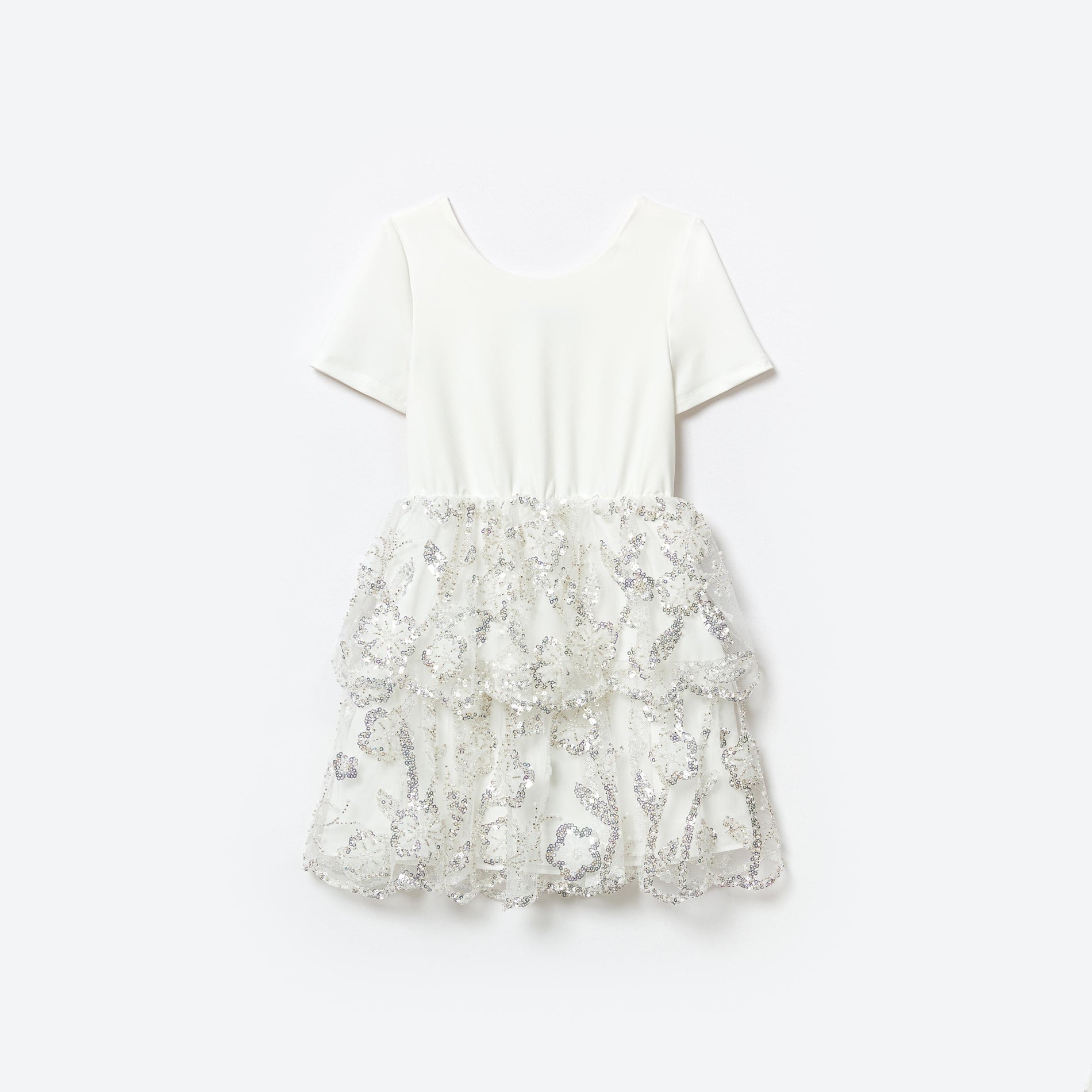 White Jersey Sequin Tulle Mini Dress