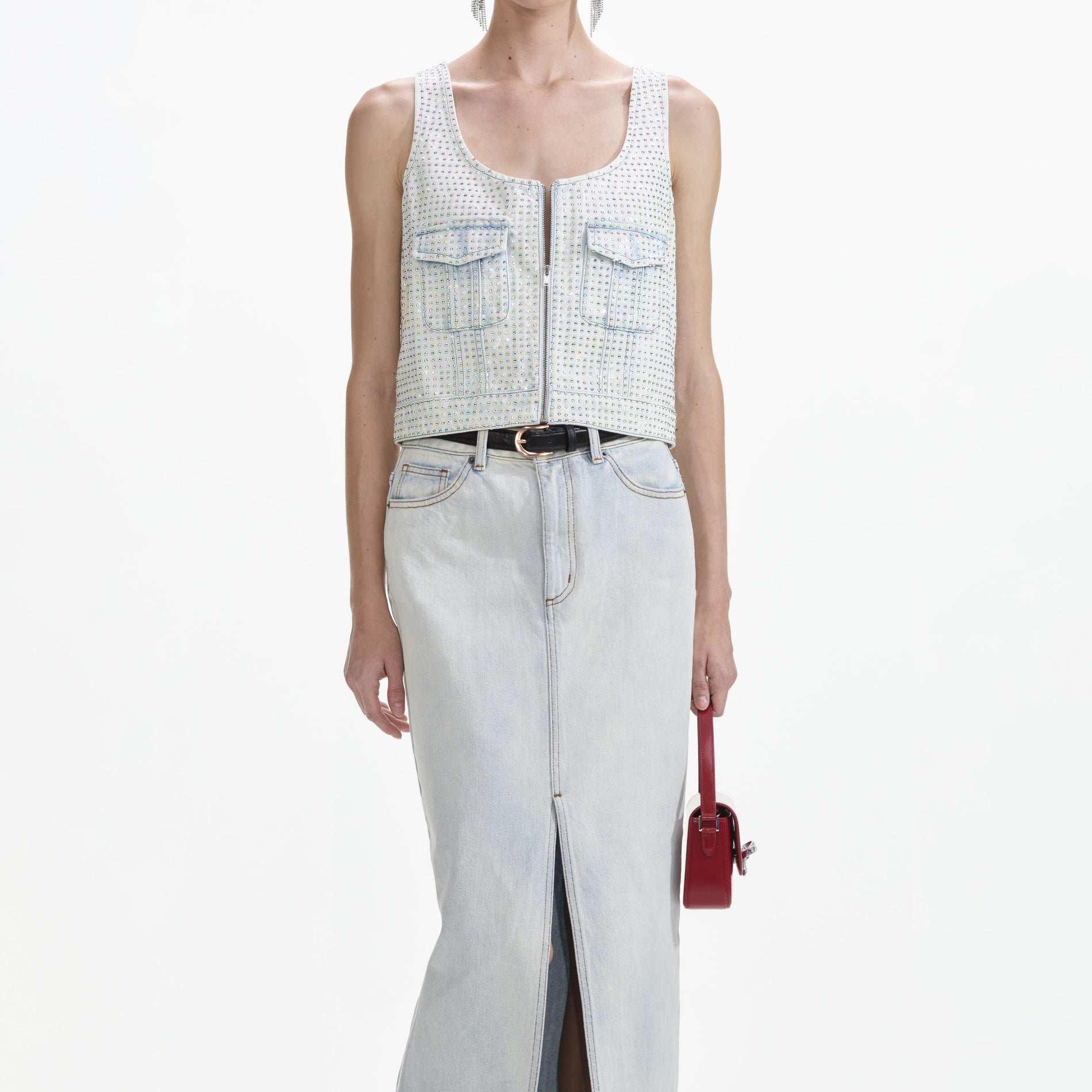 A close up of a woman wearing the Rhinestone Denim Cargo Top