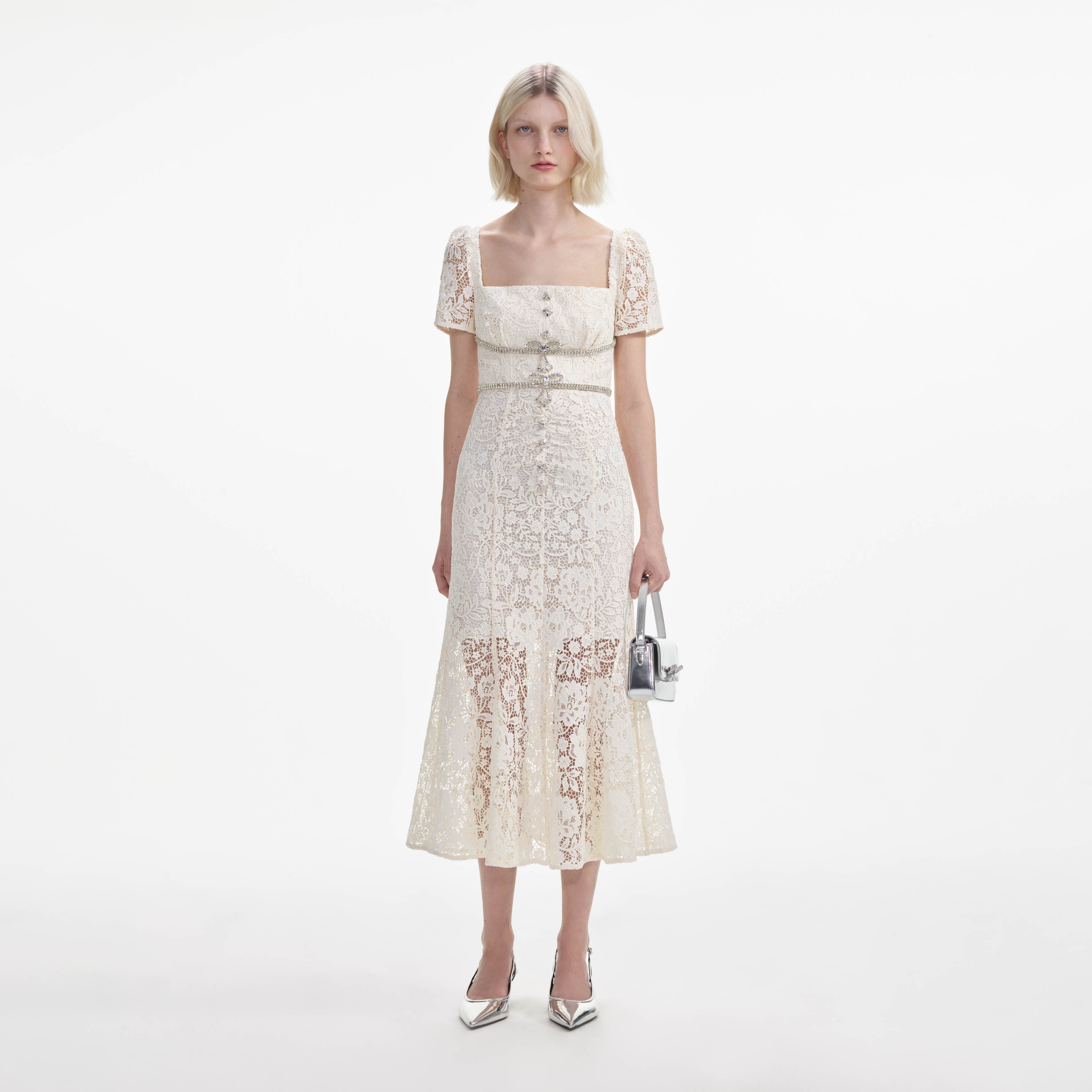 Cream Lace Diamante Bow Midi Dress