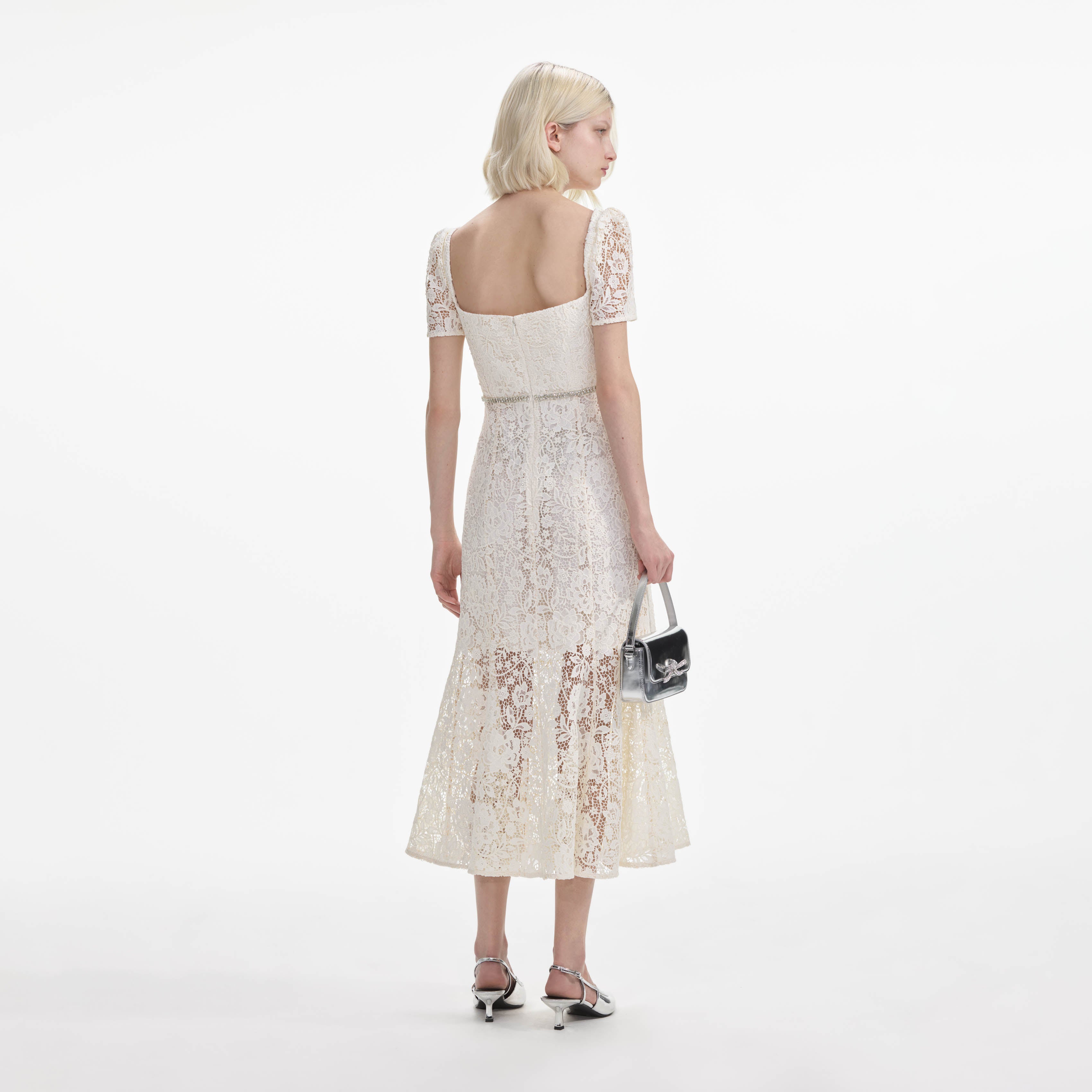 Cream Lace Diamante Bow Midi Dress
