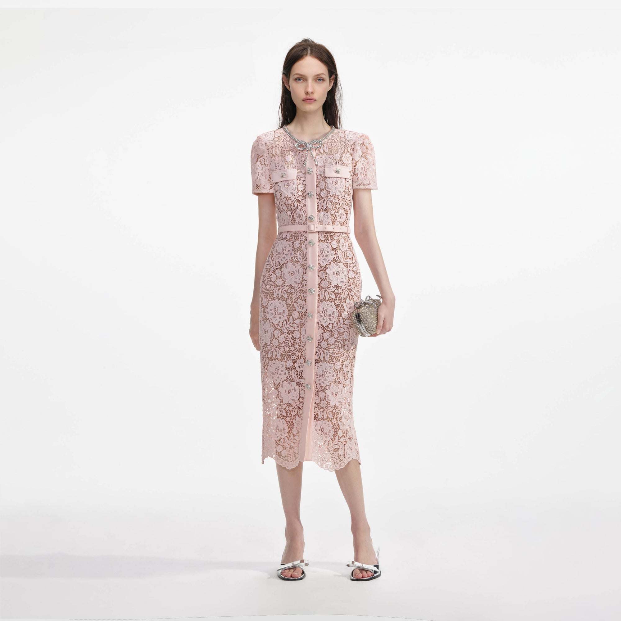 Pink Lace Diamante Bow Midi Dress