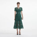 Green Lace Diamante Bow Midi Dress
