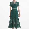 Green Lace Diamante Bow Midi Dress