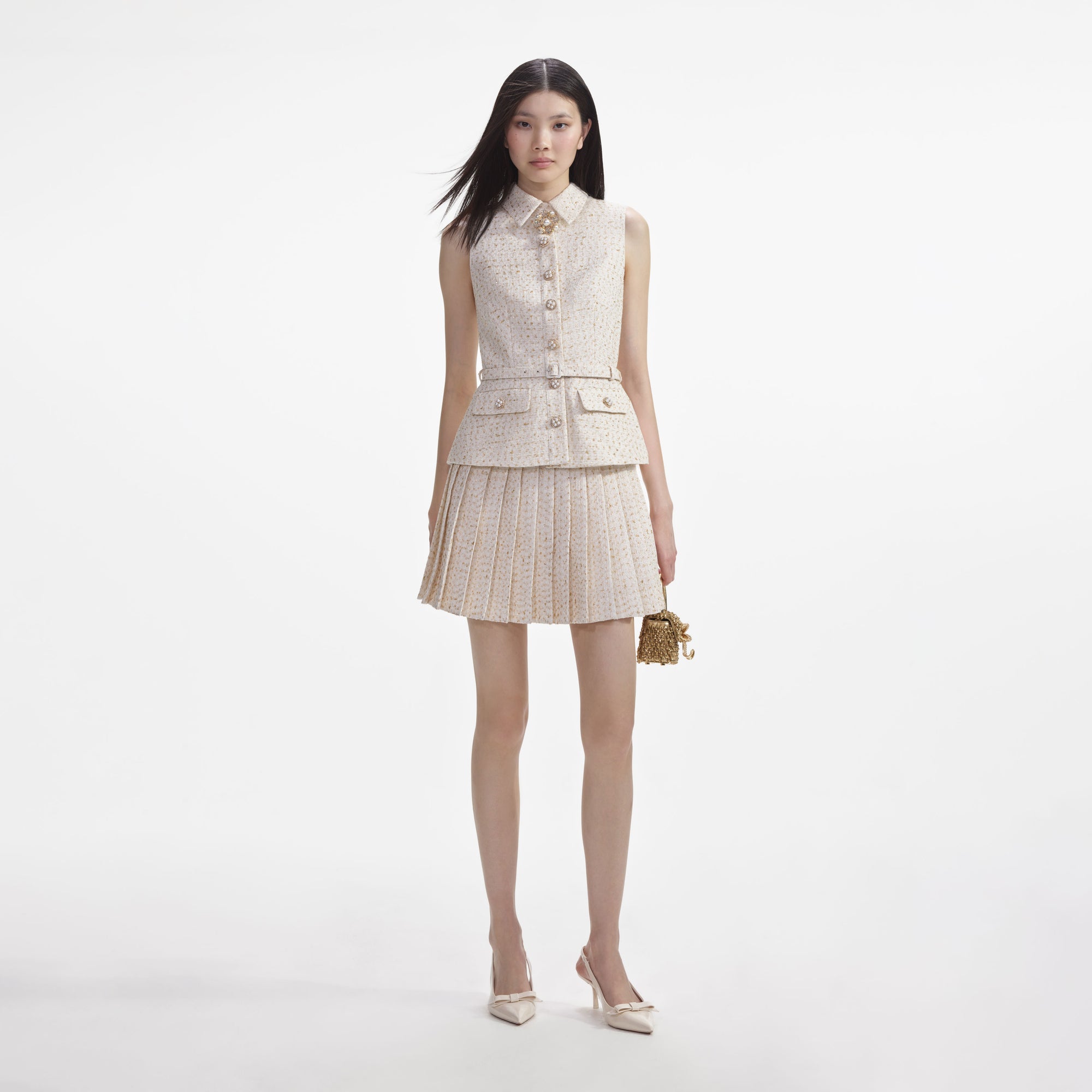 Front view of a woman wearing the Cream Metallic Boucle Tailored Mini Dress