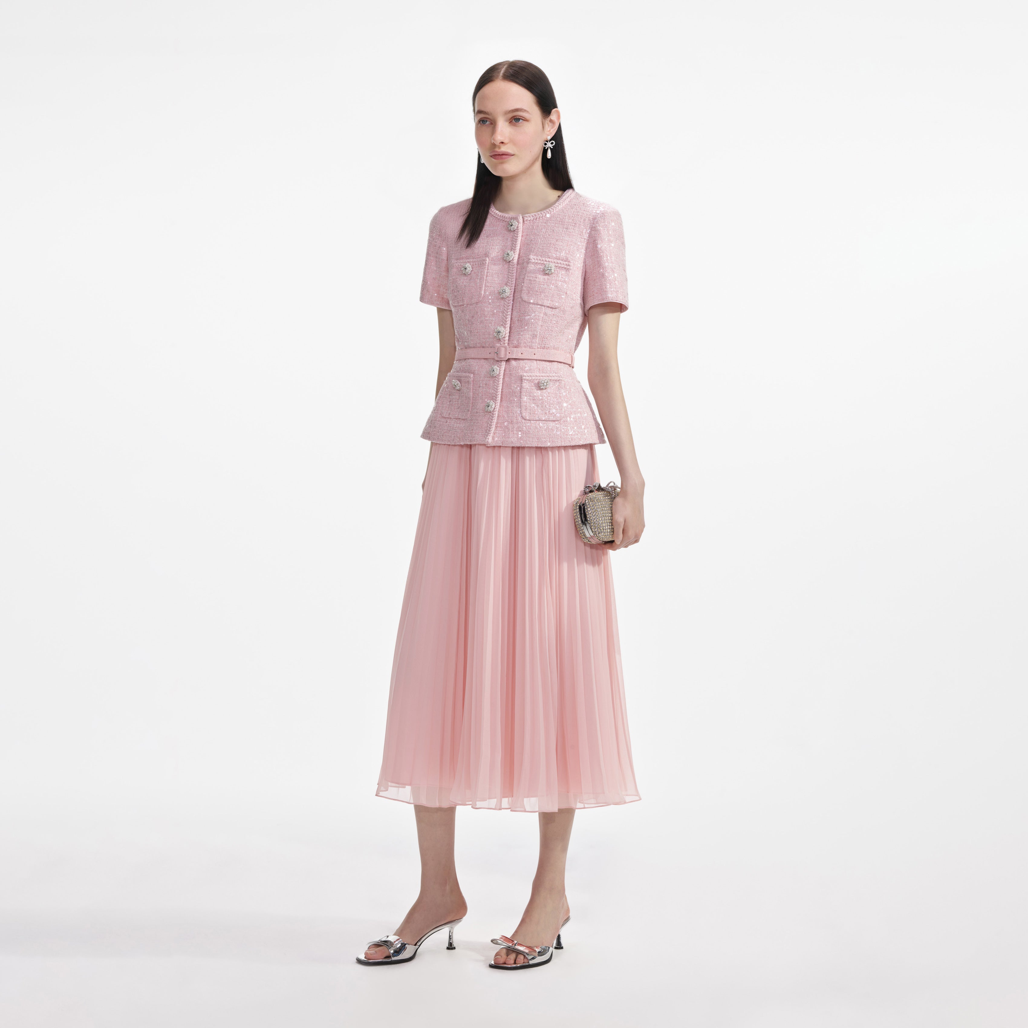 Pink Boucle Sequin Midi Dress