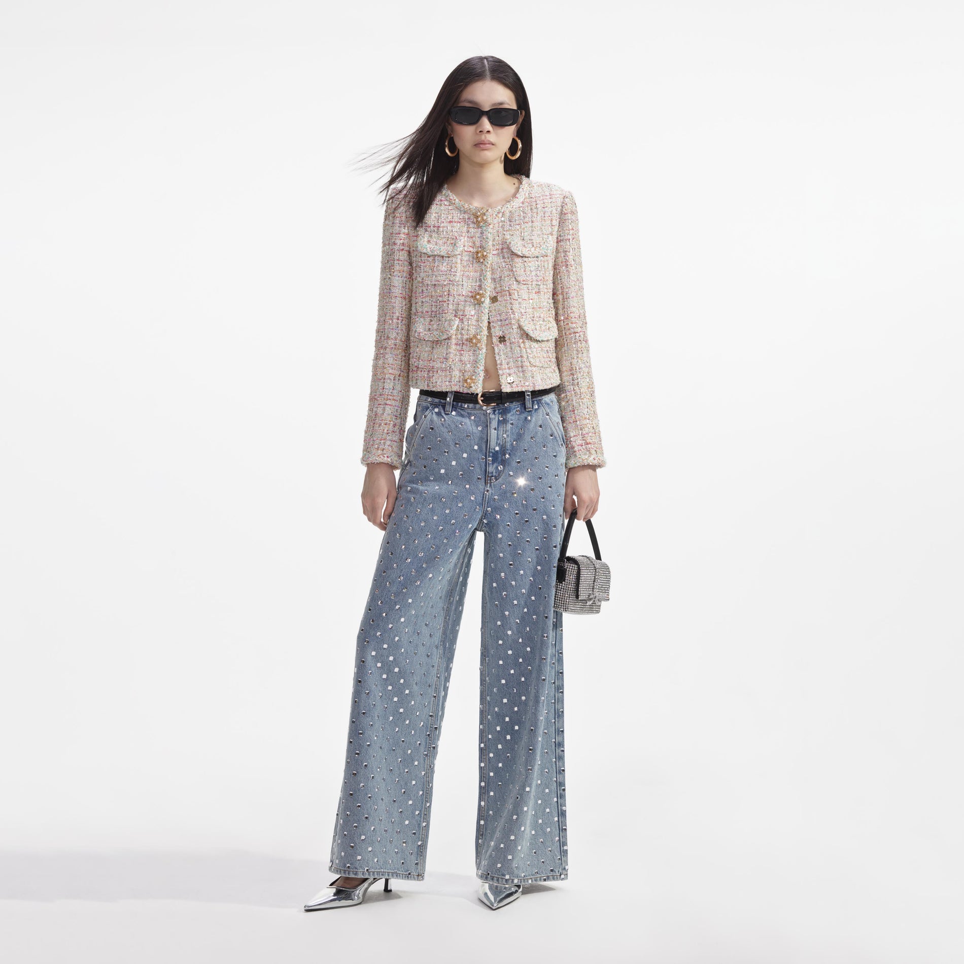 Front view of a woman wearing the Pastel Boucle Boxy Jacket