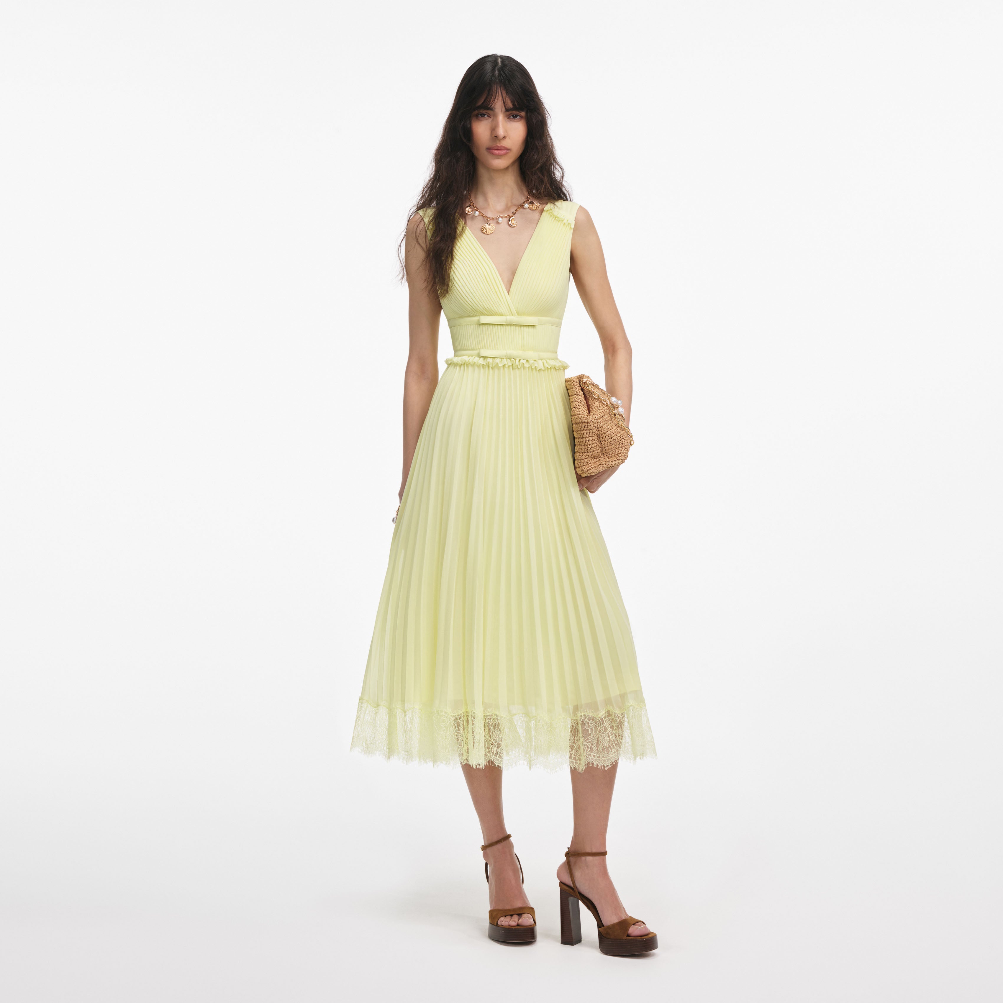 yellow chiffon dress Spaghetti Straps Ruffles Long Prom Dresses with Slit Yellow / 0 Maxi Neckline MACloth Straps V neck Chiffon