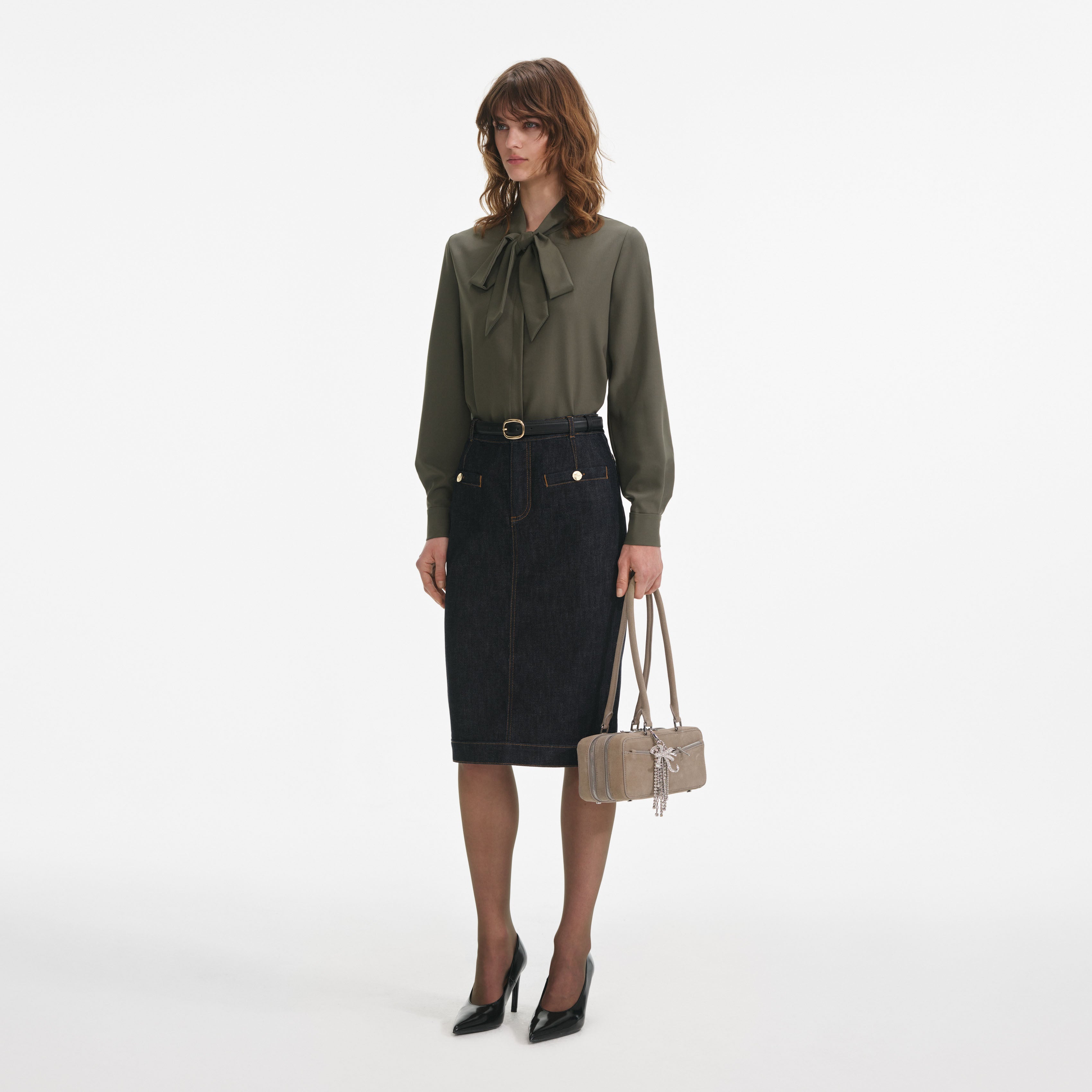 카키 트윌 푸시 보우 블라우스