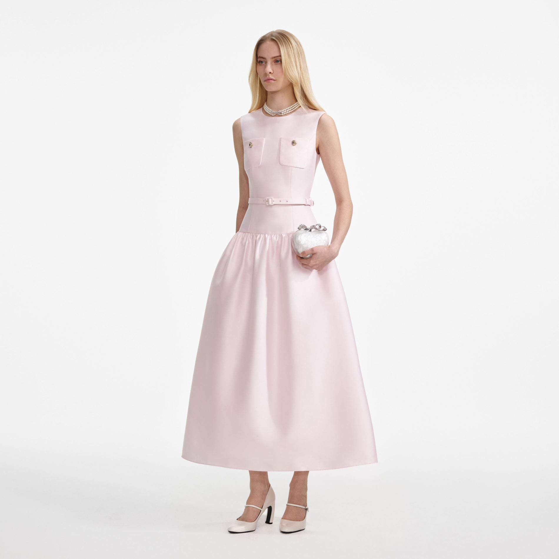 Side view of a woman wearing the Pink Taffeta Midi Dress