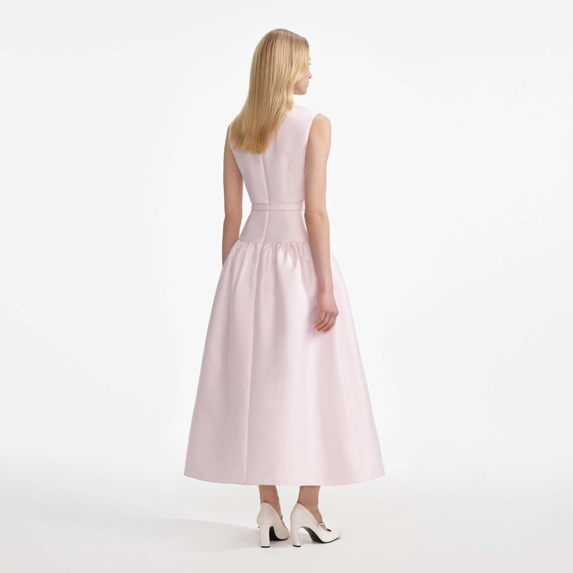 Back view of a woman wearing the Pink Taffeta Midi Dress