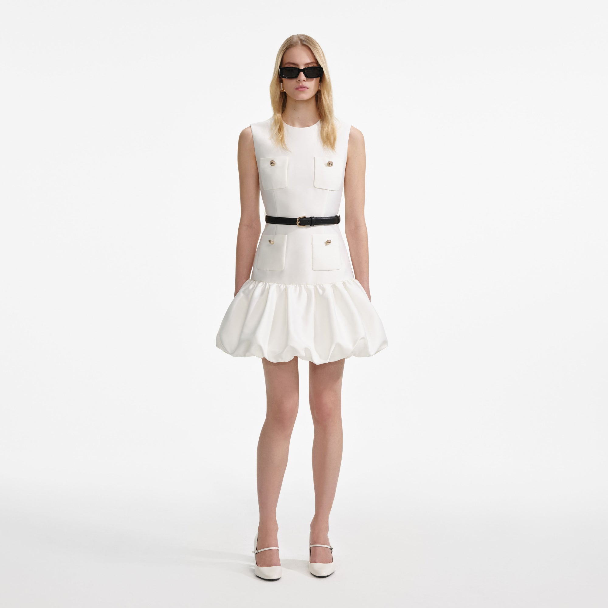 Front view of a woman wearing the Cream Taffeta Mini Dress