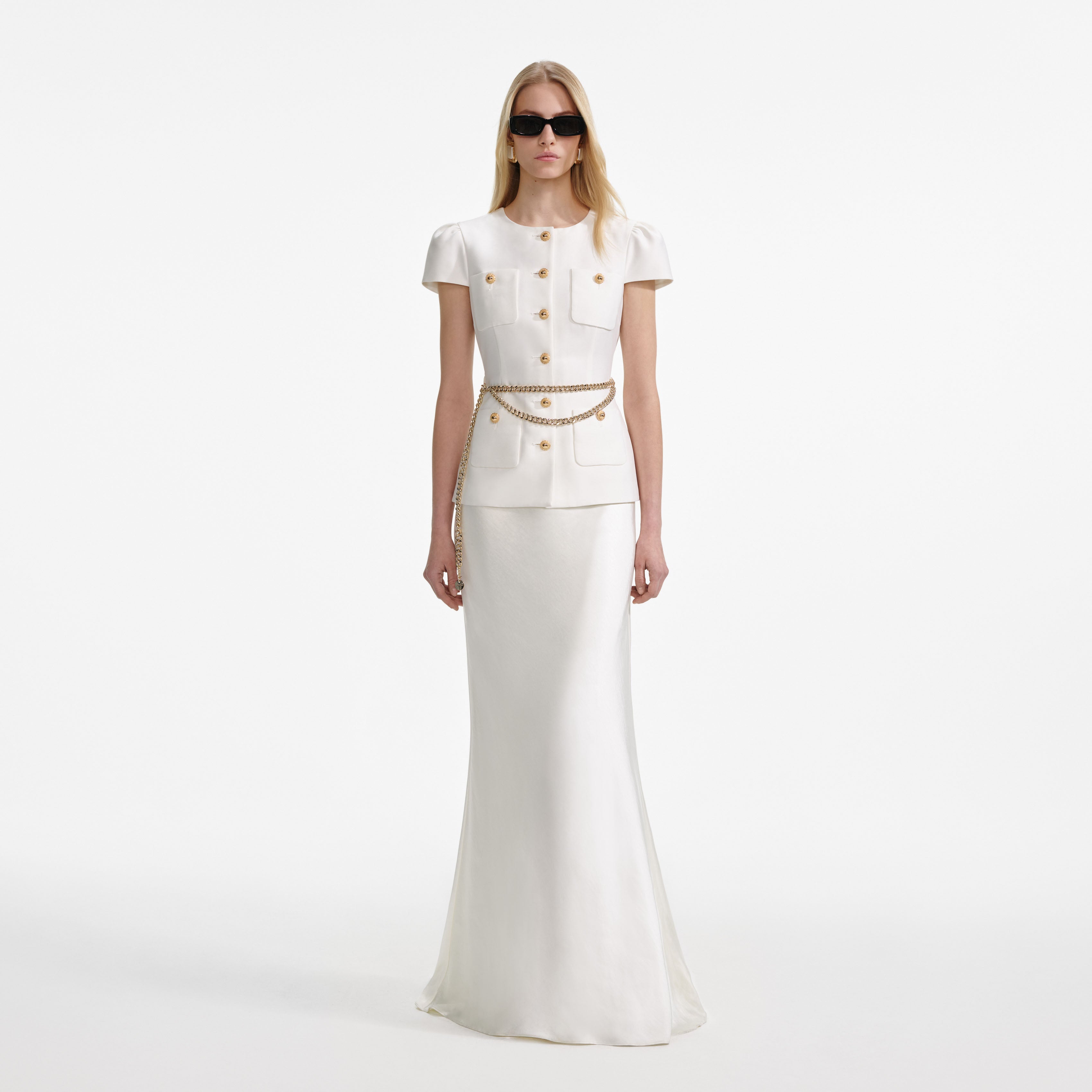 크림색 태피터 체인 벨트 맥시 드레스