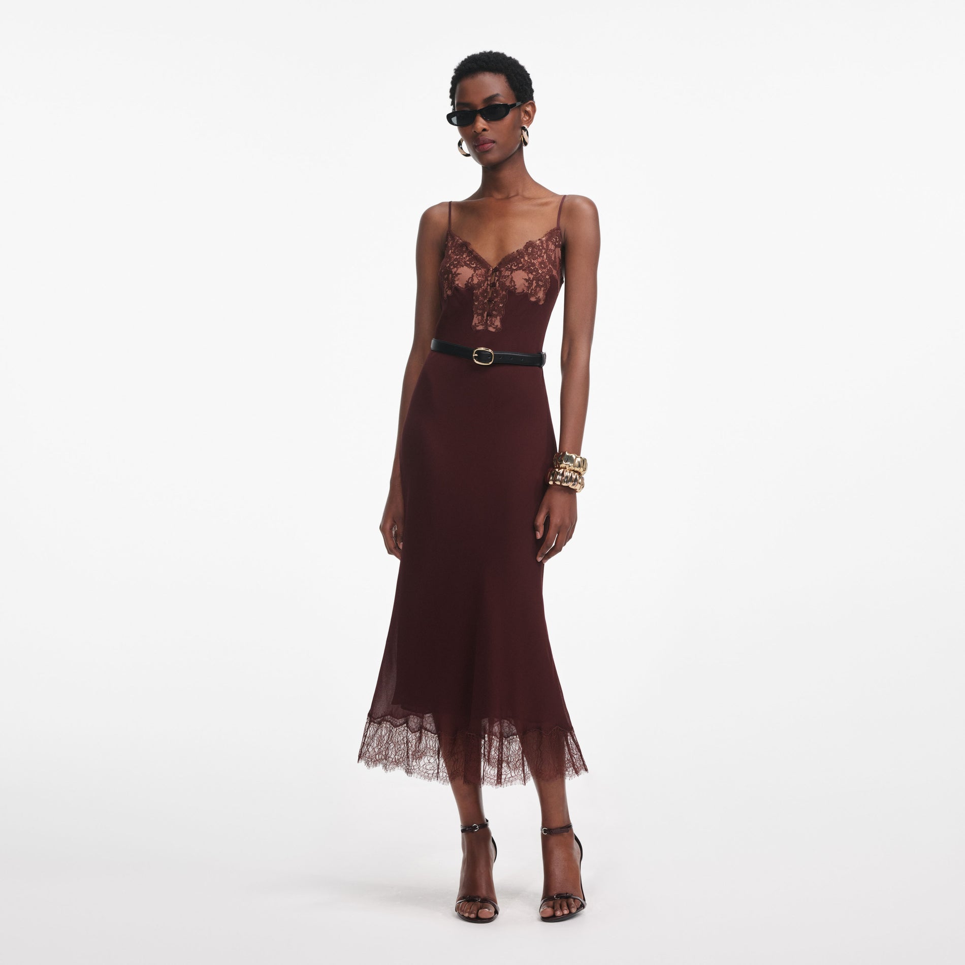 Front view of a woman wearing the Brown Lace Insert Midi Dress