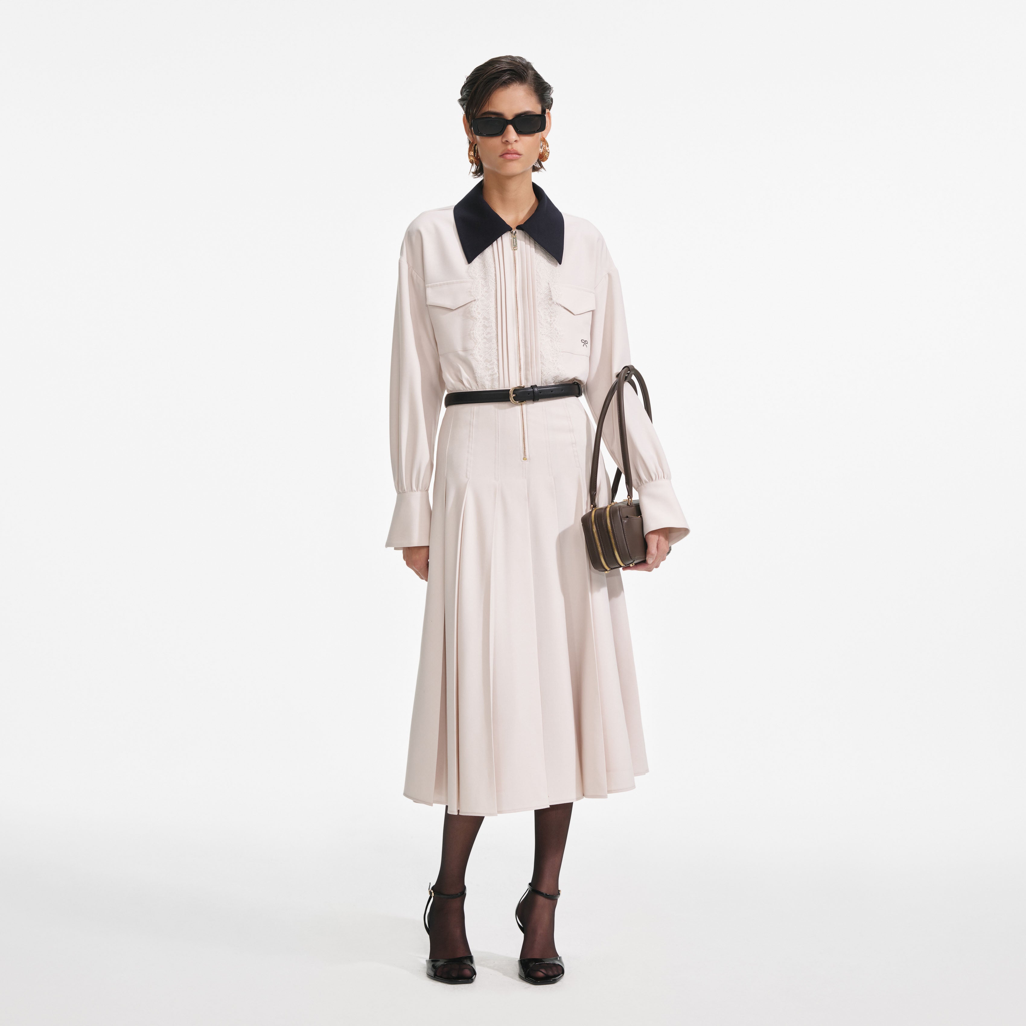 Cream Twill Contrast Collar Midi Dress
