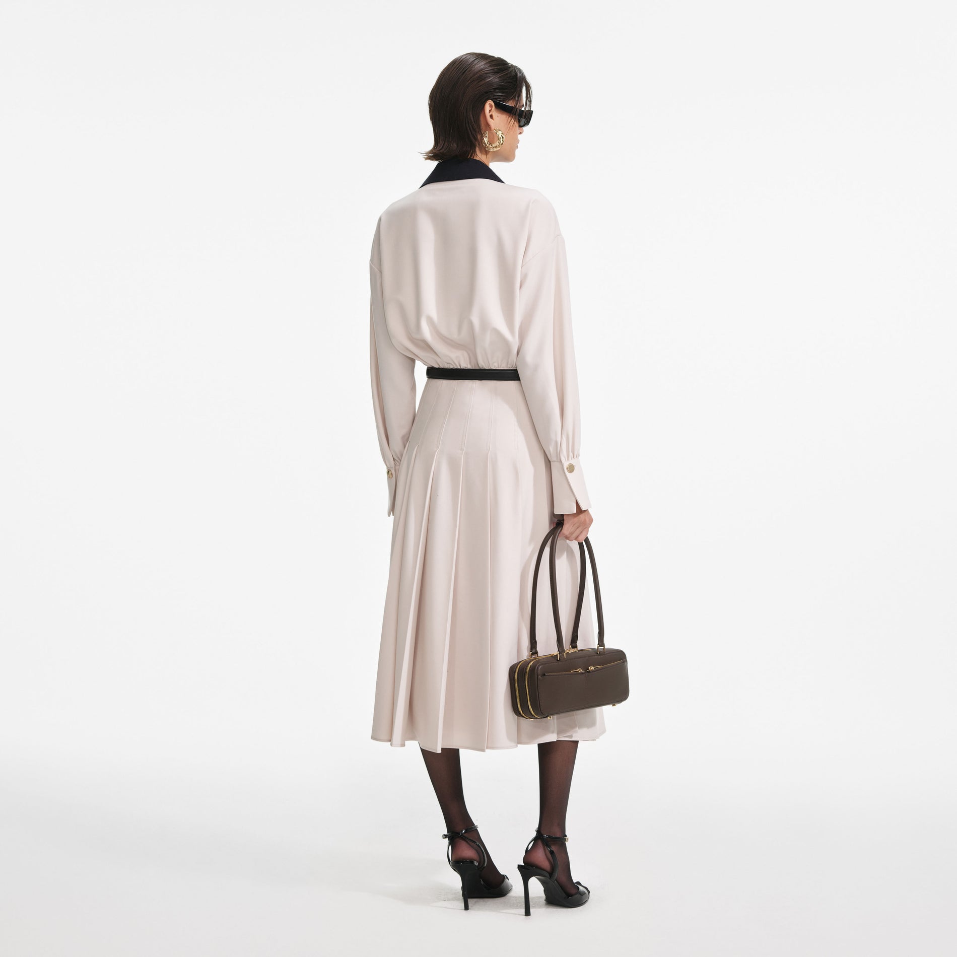 Back view of a woman wearing the Cream Twill Contrast Collar Midi Dress
