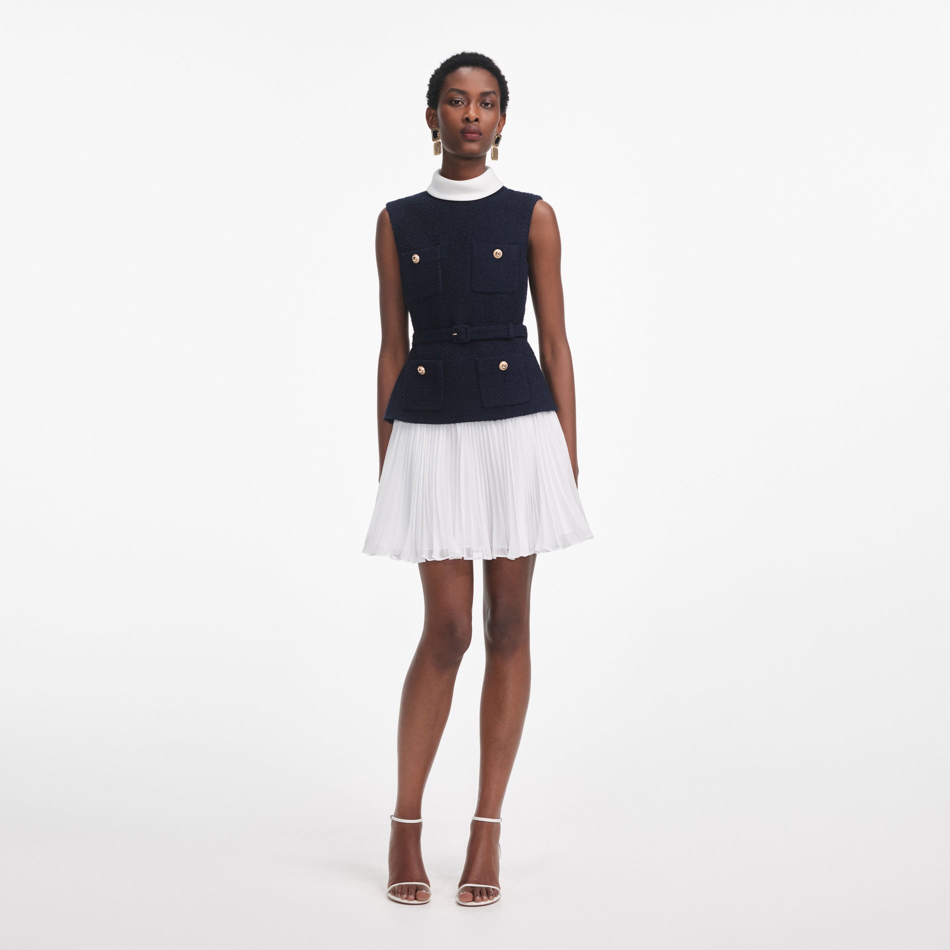 Front view of a woman wearing the Navy Boucle And Chiffon Mini Dress